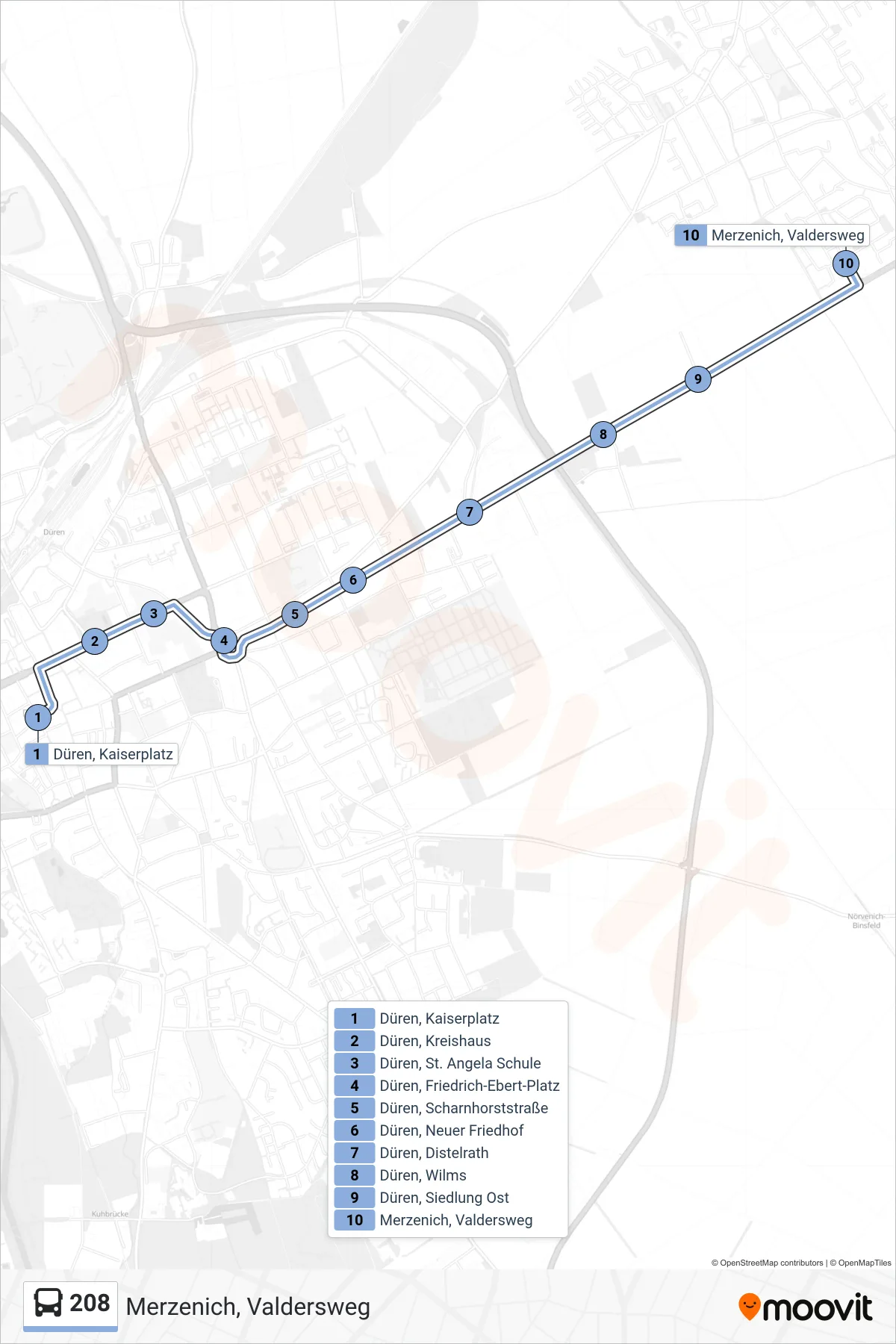 Linie 208 (Bus) Richtung Merzenich, Valdersweg: Route und Haltestellen auf der Karte