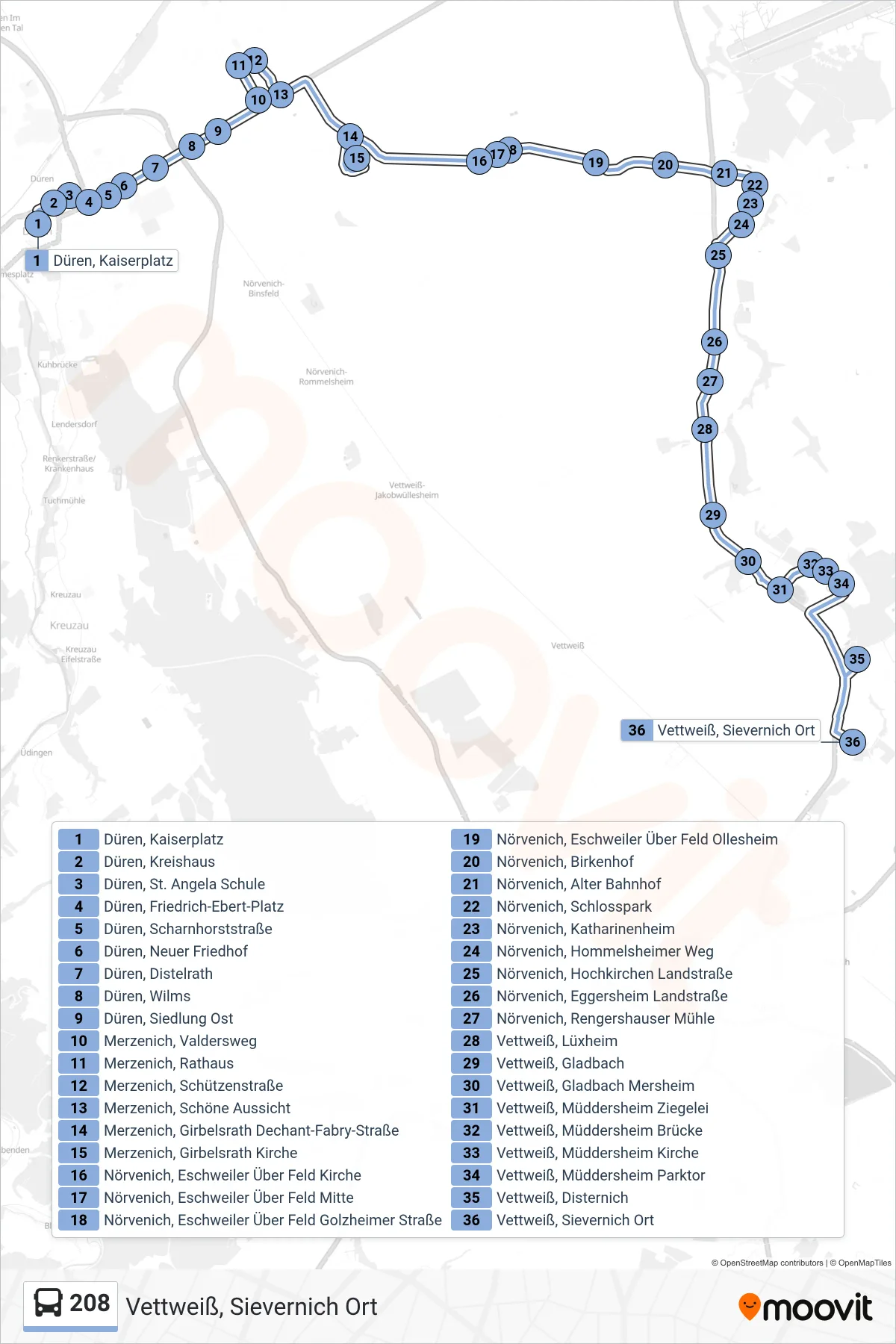 Linie 208 (Bus) Richtung Vettweiß, Sievernich Ort: Route und Haltestellen auf der Karte