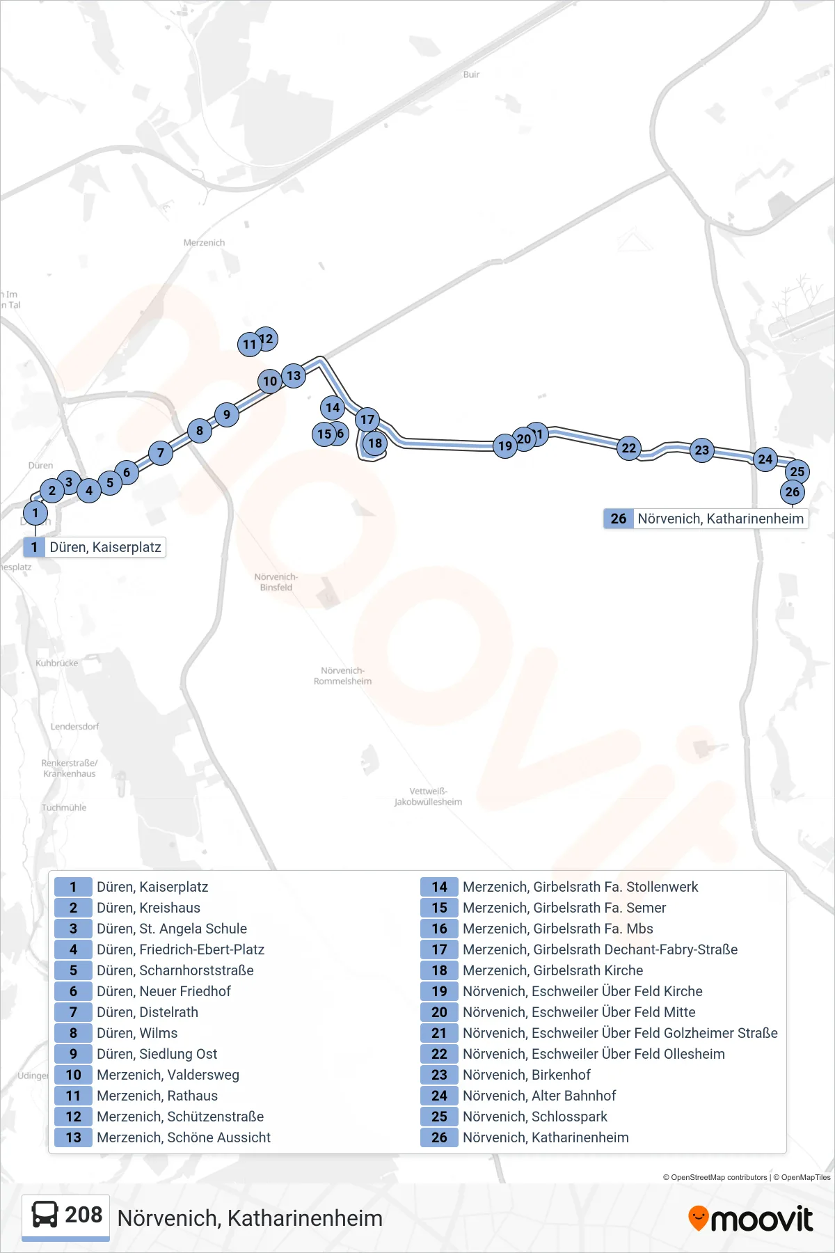 Linie 208 (Bus) Richtung Nörvenich, Katharinenheim: Route und Haltestellen auf der Karte