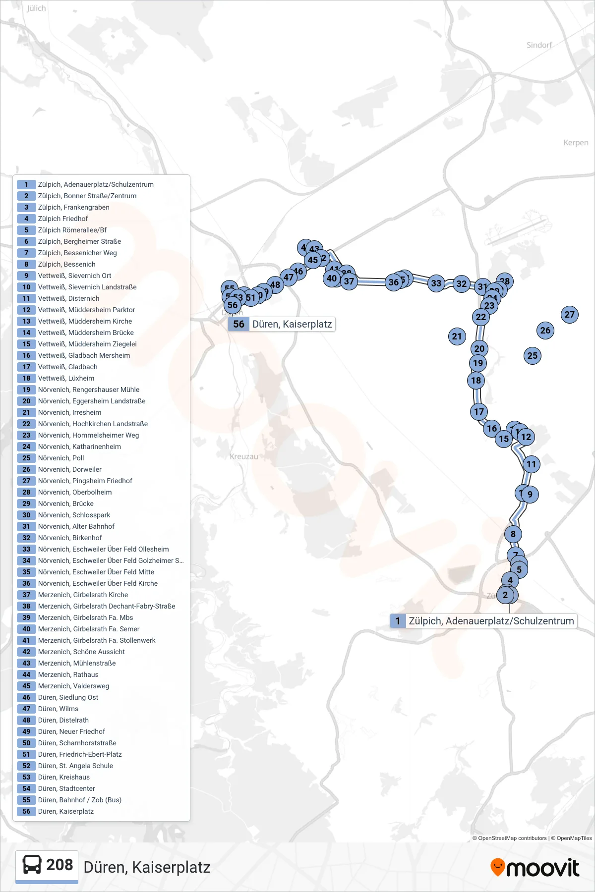 Linie 208 (Bus) Richtung Düren, Kaiserplatz: Route und Haltestellen auf der Karte
