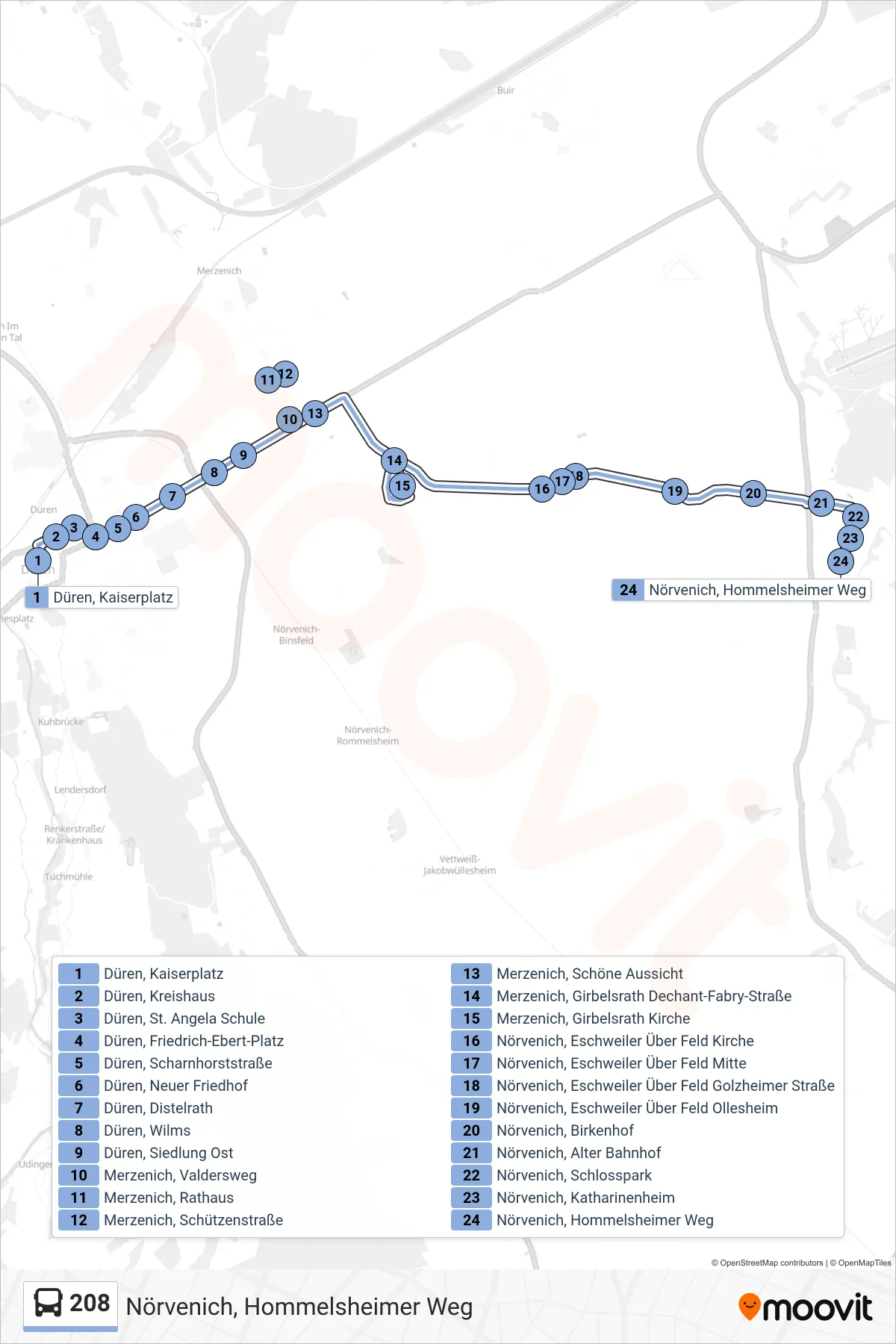Linie 208 (Bus) Richtung Nörvenich, Hommelsheimer Weg: Route und Haltestellen auf der Karte