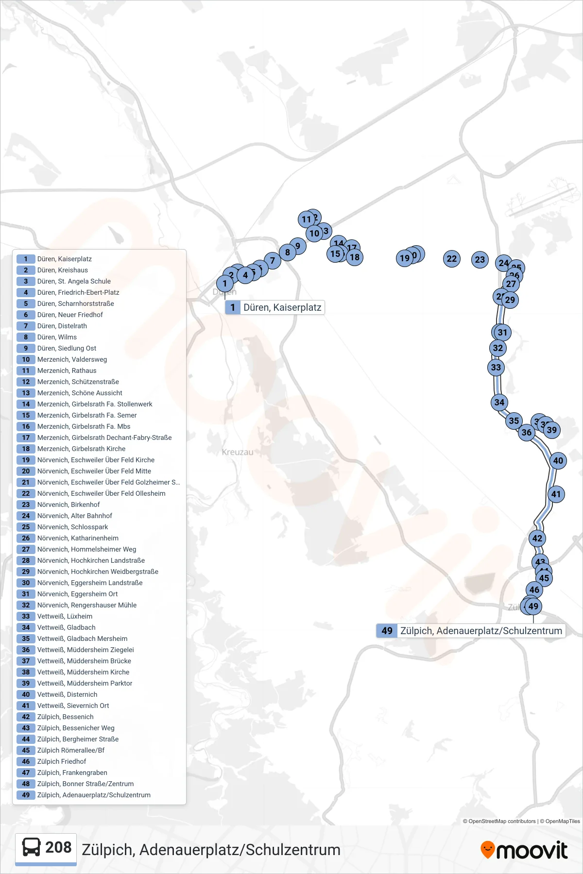 Linie 208 (Bus) Richtung Zülpich, Adenauerplatz/Schulzentrum: Route und Haltestellen auf der Karte