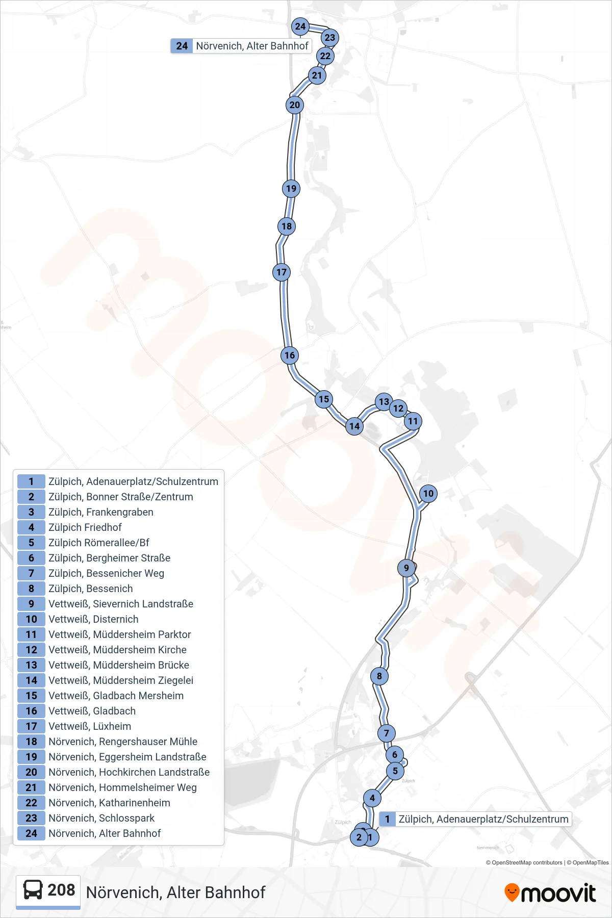 Linie 208 (Bus) Richtung Nörvenich, Alter Bahnhof: Route und Haltestellen auf der Karte