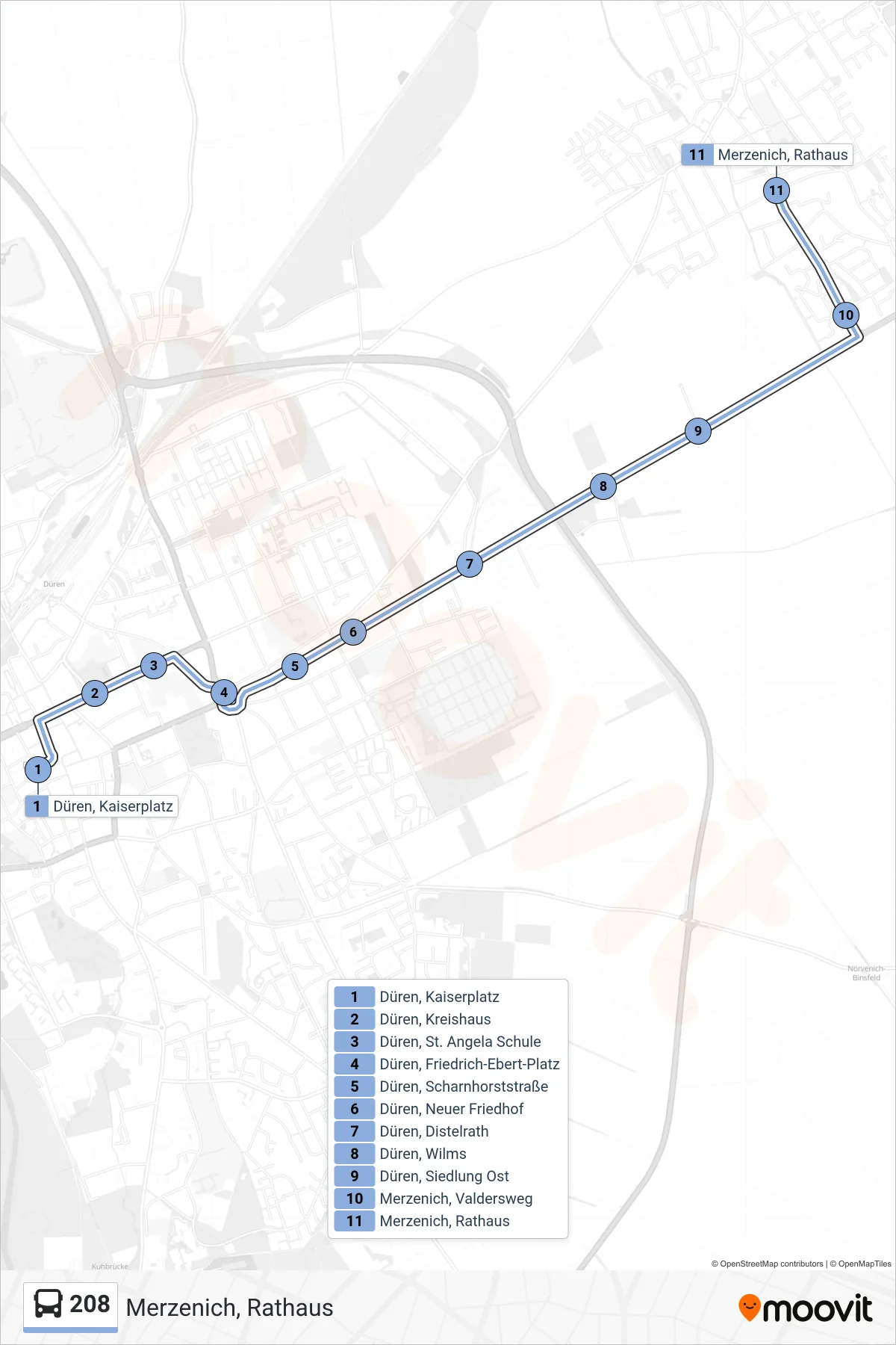 Linie 208 (Bus) Richtung Merzenich, Rathaus: Route und Haltestellen auf der Karte