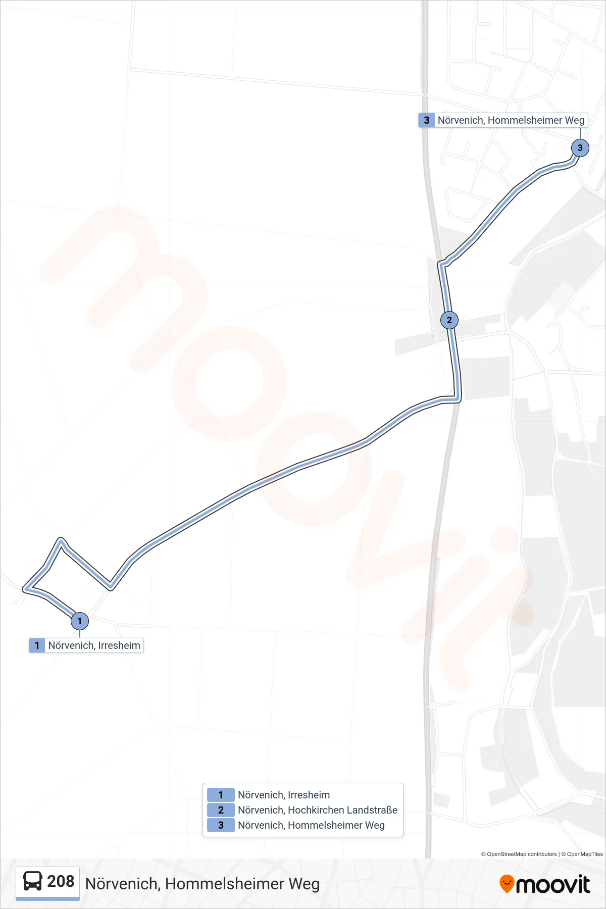 Linie 208 (Bus) Richtung Nörvenich, Hommelsheimer Weg: Route und Haltestellen auf der Karte