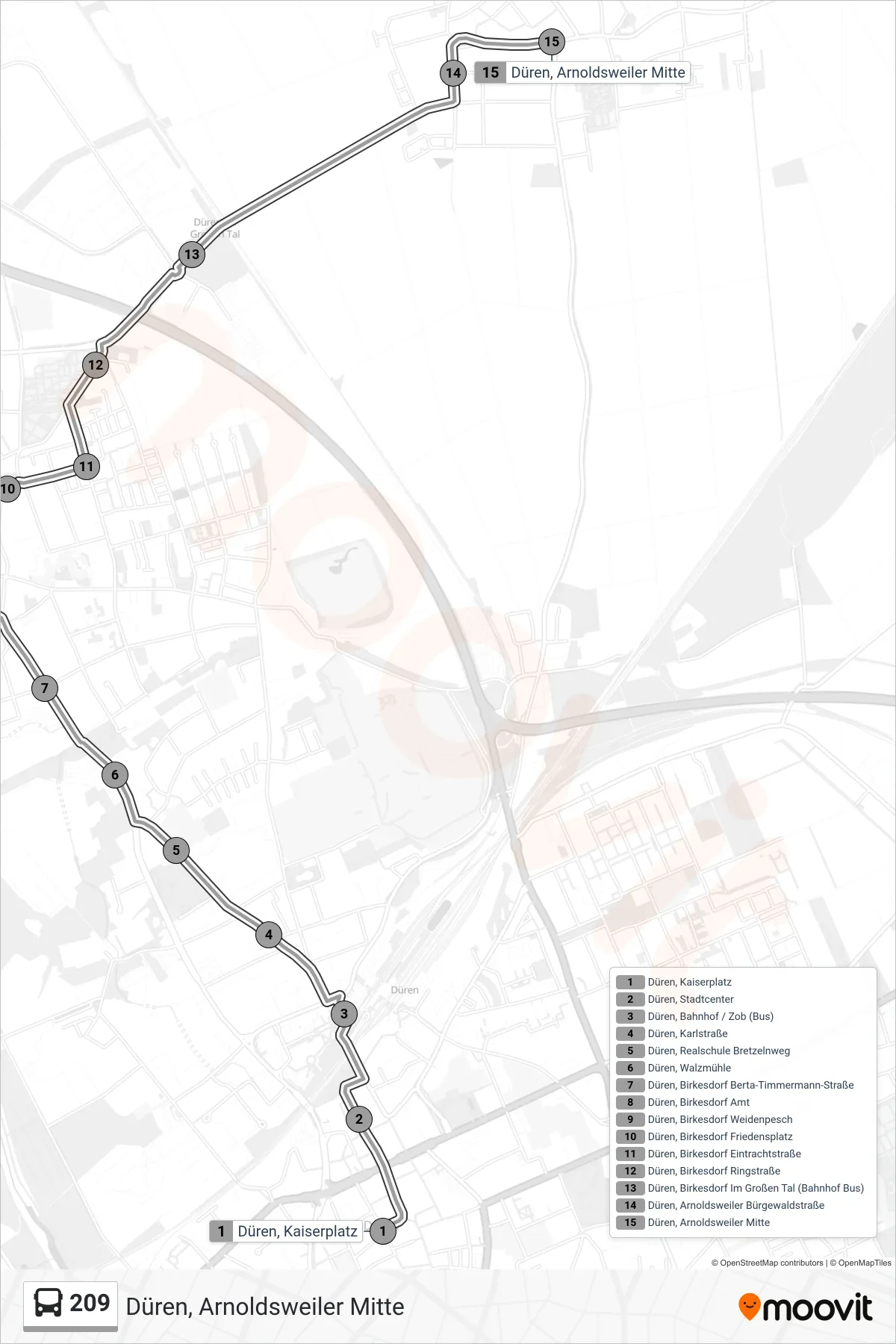 Linie 209 (Bus) Richtung Düren, Arnoldsweiler Mitte: Route und Haltestellen auf der Karte