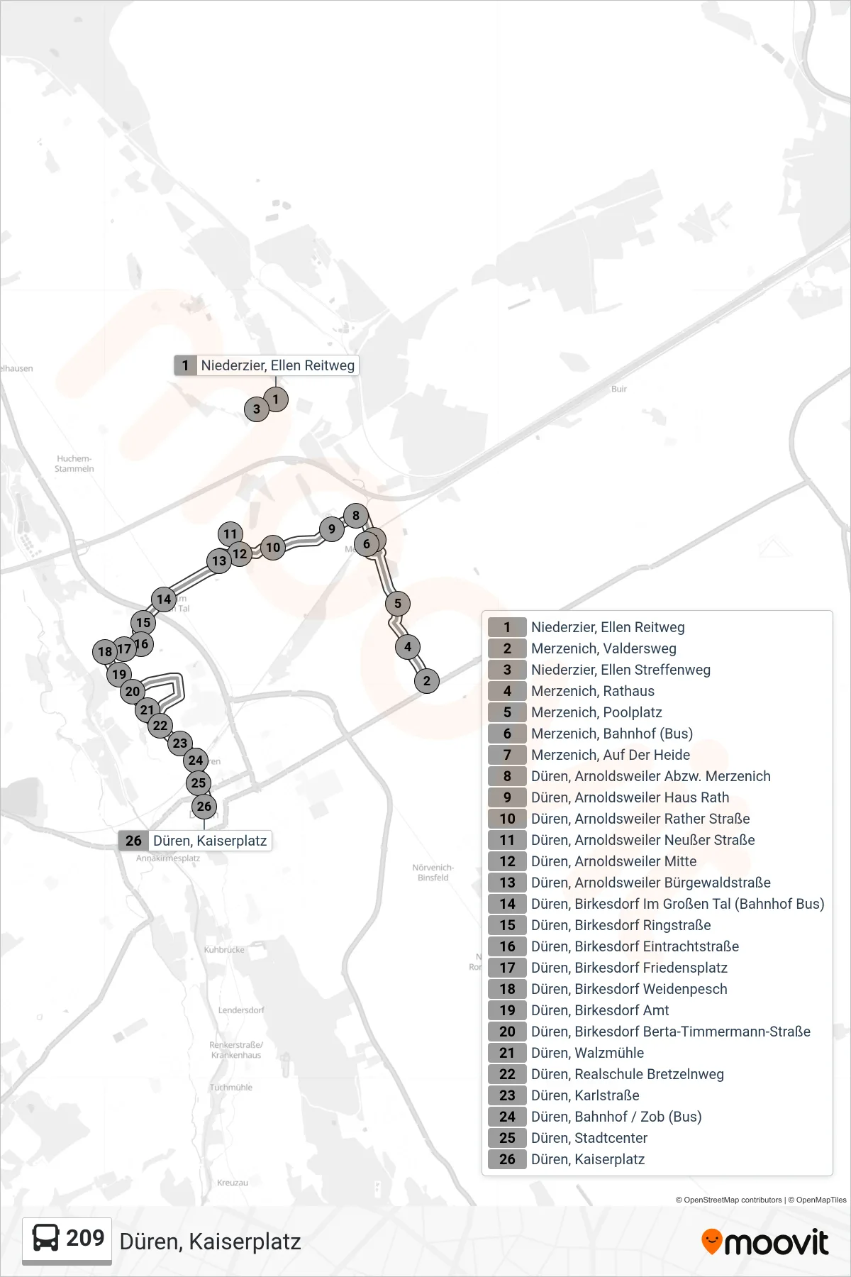 209 bus Line (Düren, Kaiserplatz) route and stops on a map