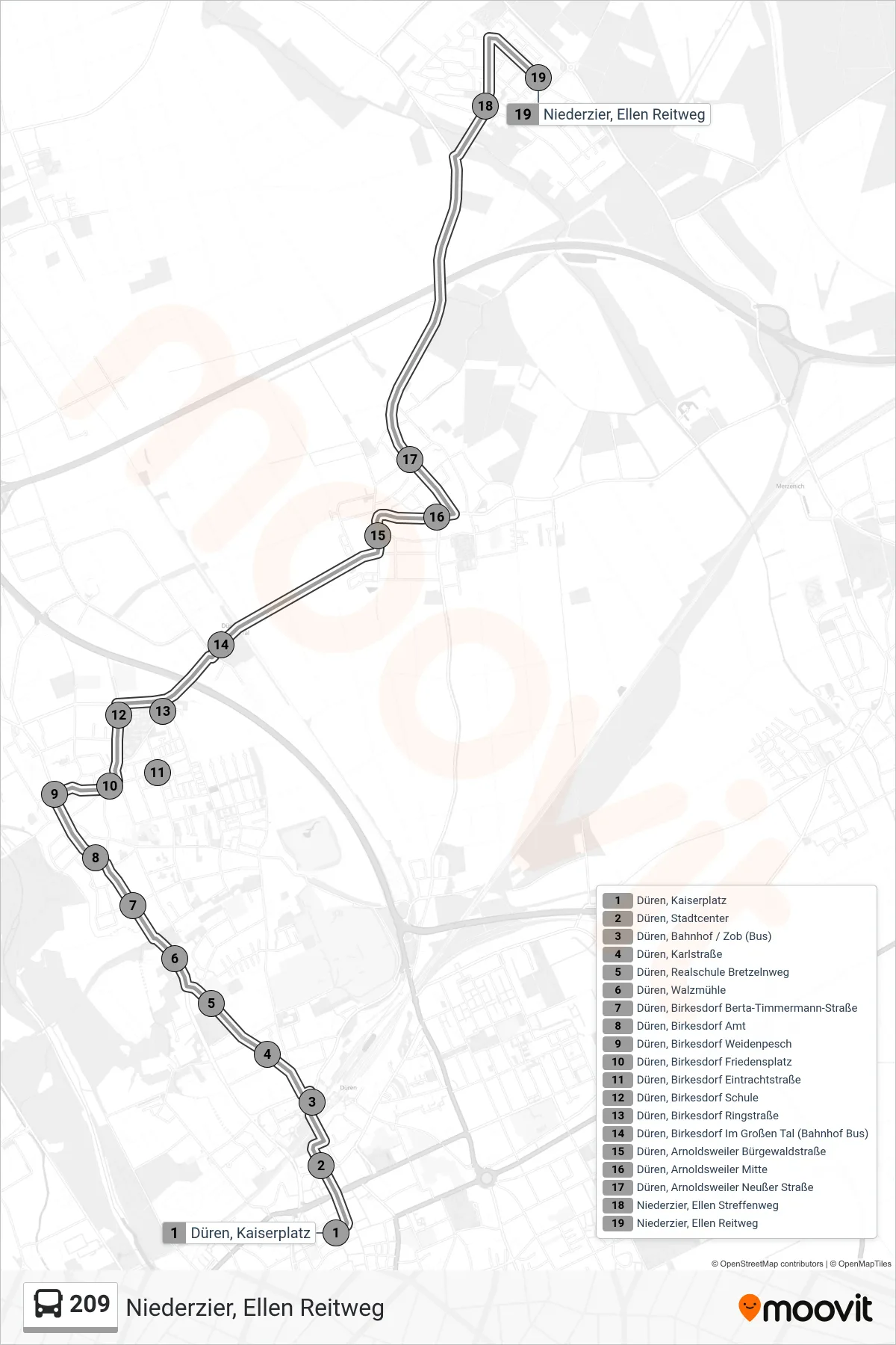 Linie 209 (Bus) Richtung Niederzier, Ellen Reitweg: Route und Haltestellen auf der Karte