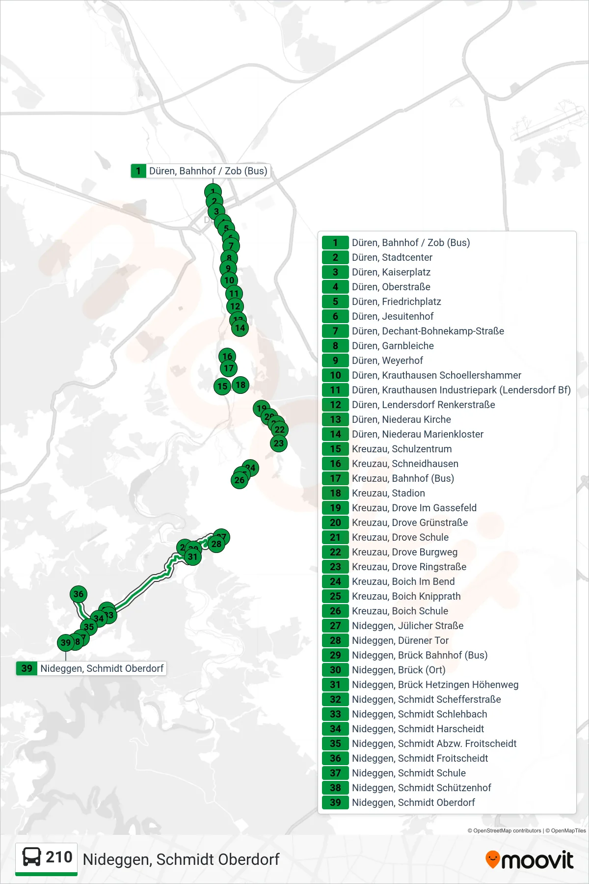 Linie 210 (Bus) Richtung Nideggen, Schmidt Oberdorf: Route und Haltestellen auf der Karte