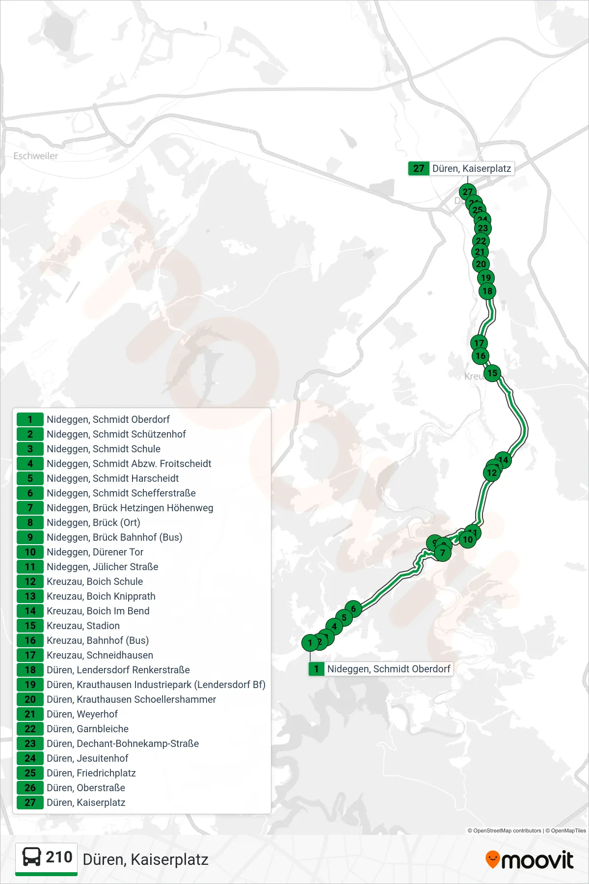 210 bus Line (Düren, Kaiserplatz) route and stops on a map