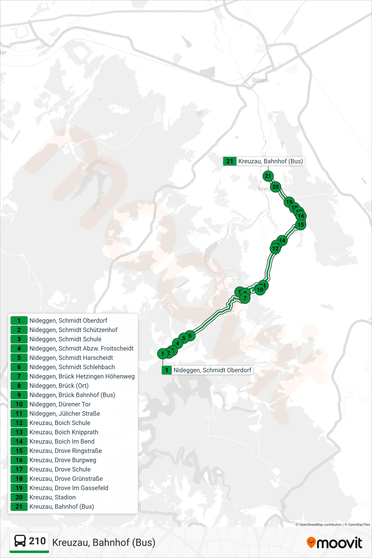 Linie 210 (Bus) Richtung Kreuzau, Bahnhof (Bus): Route und Haltestellen auf der Karte