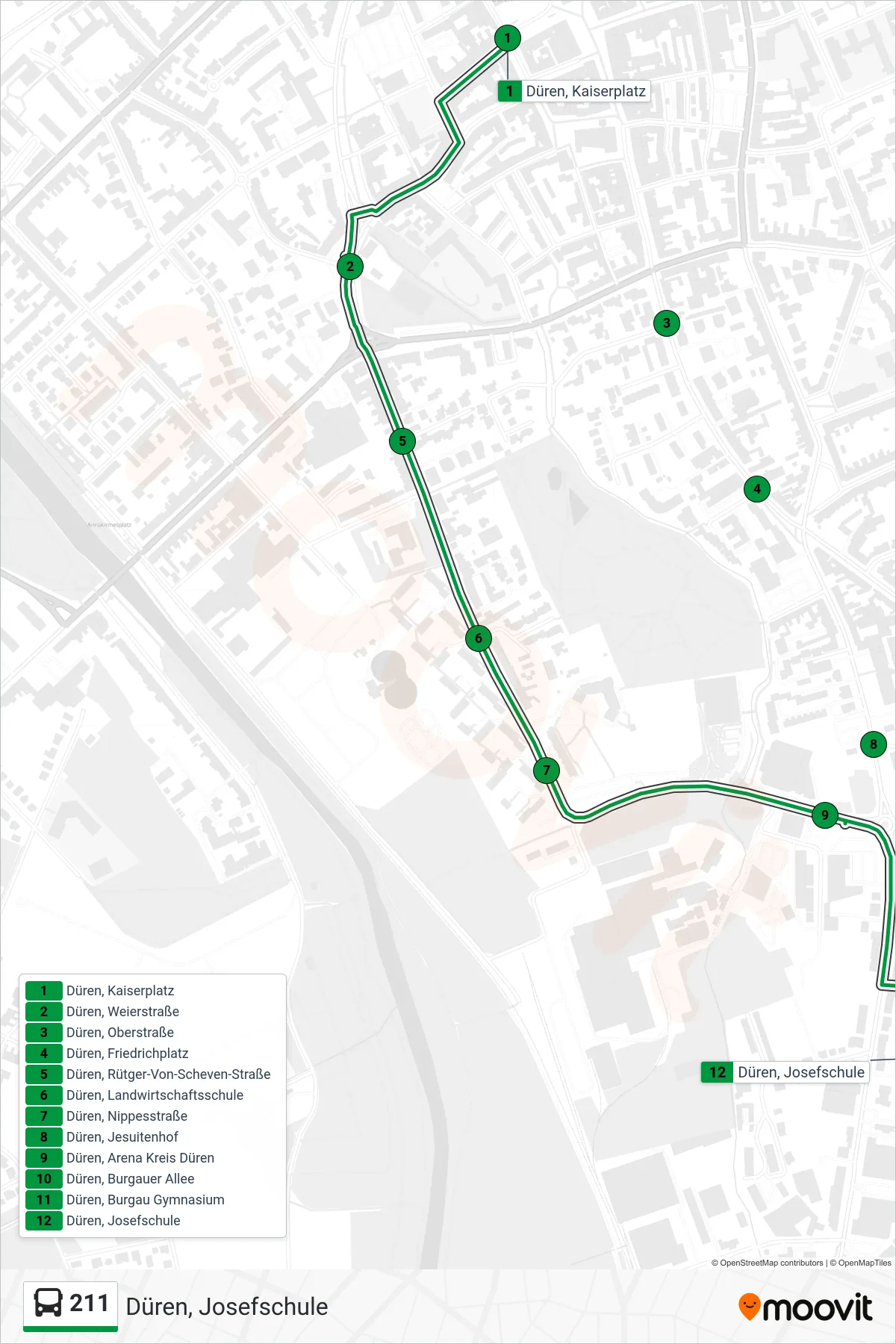 Linie 211 (Bus) Richtung Düren, Josefschule: Route und Haltestellen auf der Karte