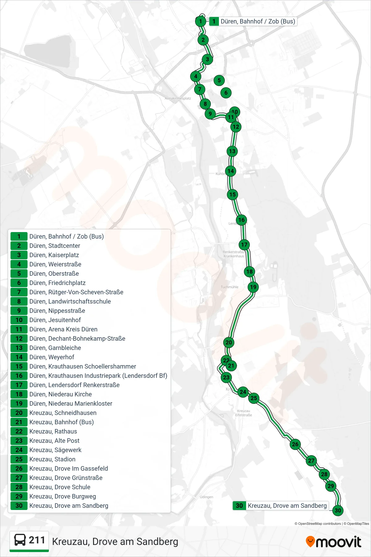 Linie 211 (Bus) Richtung Kreuzau, Drove am Sandberg: Route und Haltestellen auf der Karte