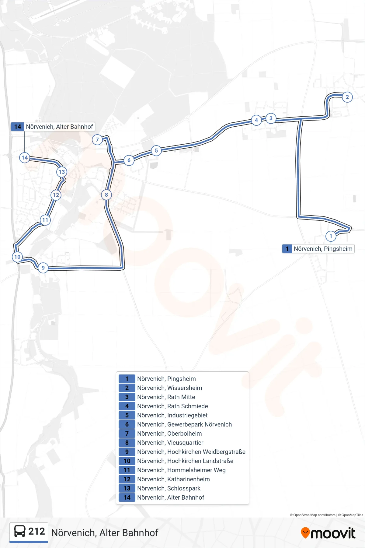 Linie 212 (Bus) Richtung Nörvenich, Alter Bahnhof: Route und Haltestellen auf der Karte