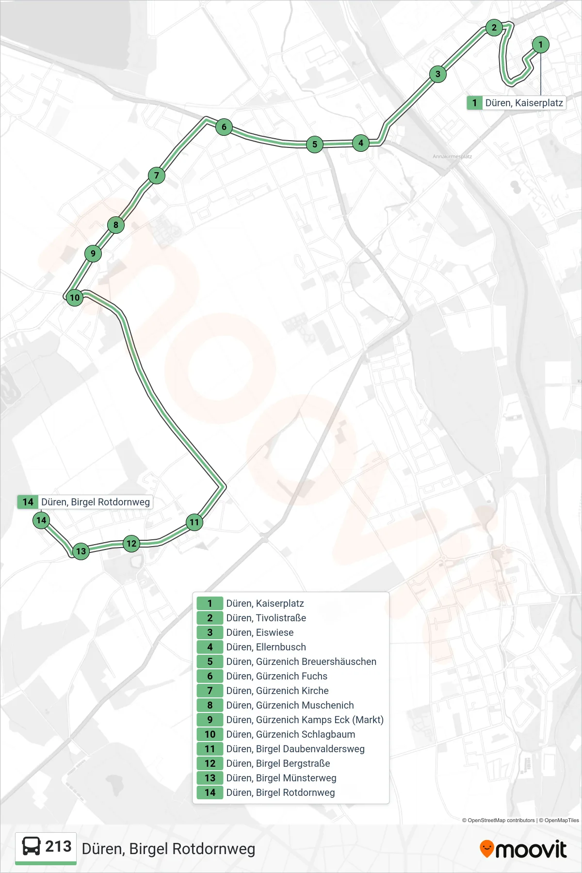 Linie 213 (Bus) Richtung Düren, Birgel Rotdornweg: Route und Haltestellen auf der Karte