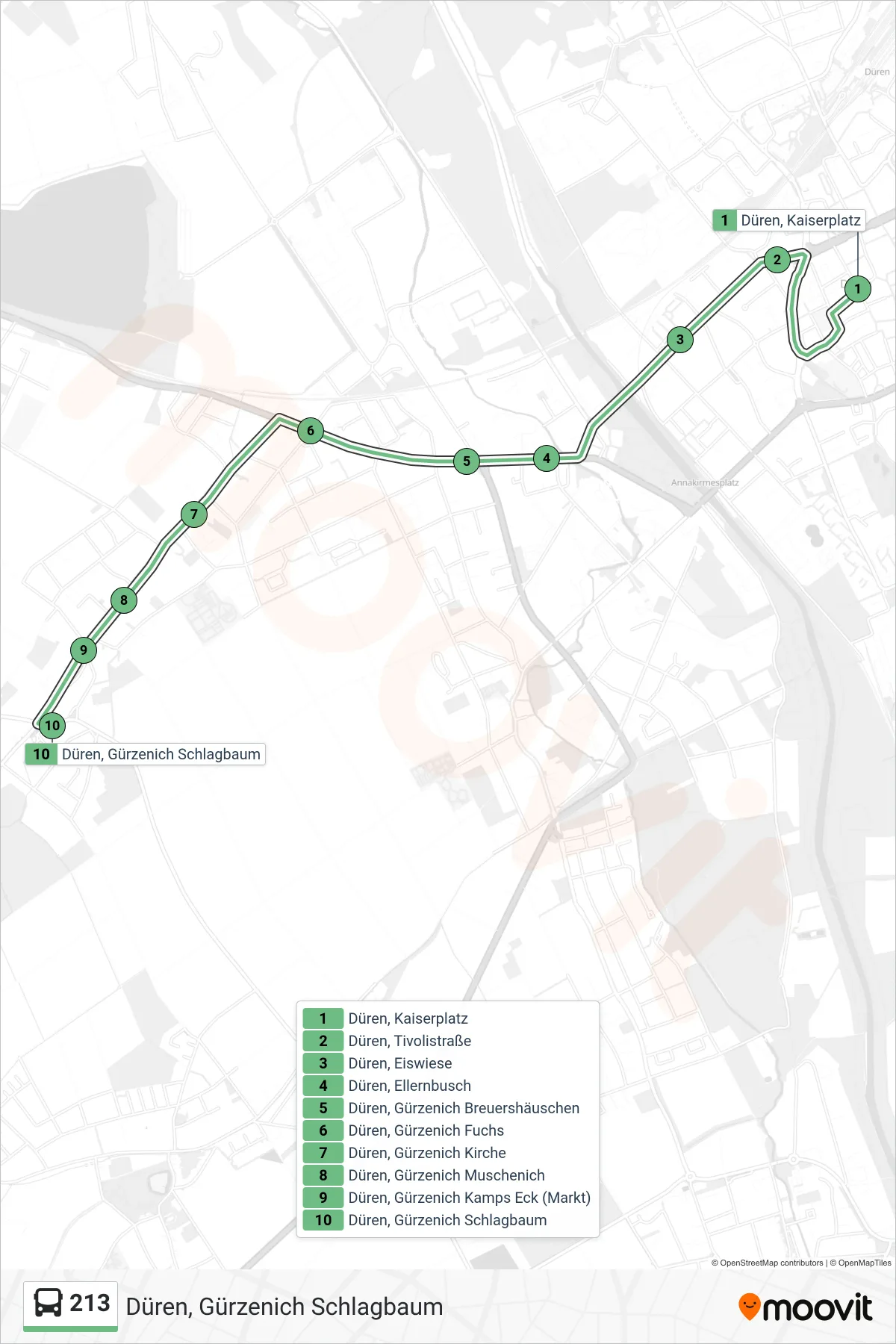 213 bus Line (Düren, Gürzenich Schlagbaum) route and stops on a map