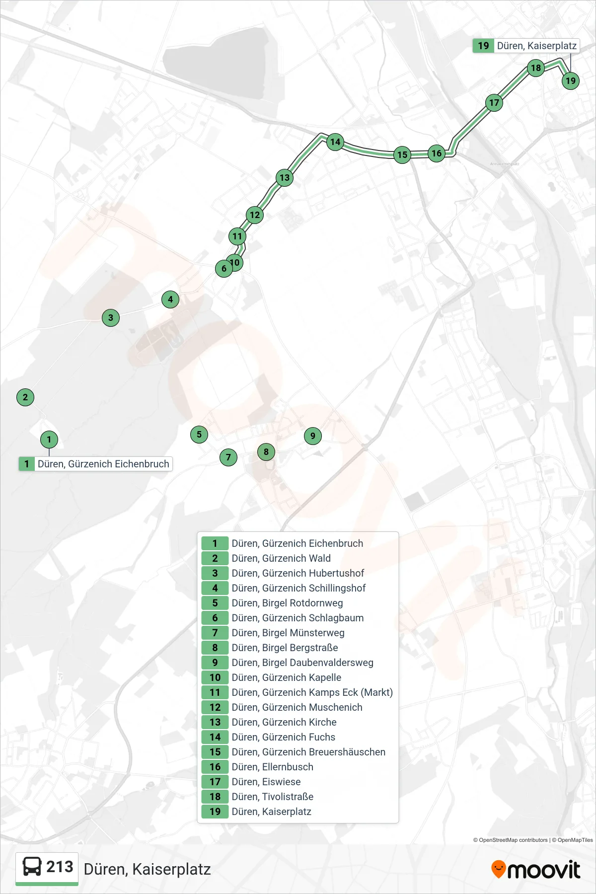 Linie 213 (Bus) Richtung Düren, Kaiserplatz: Route und Haltestellen auf der Karte