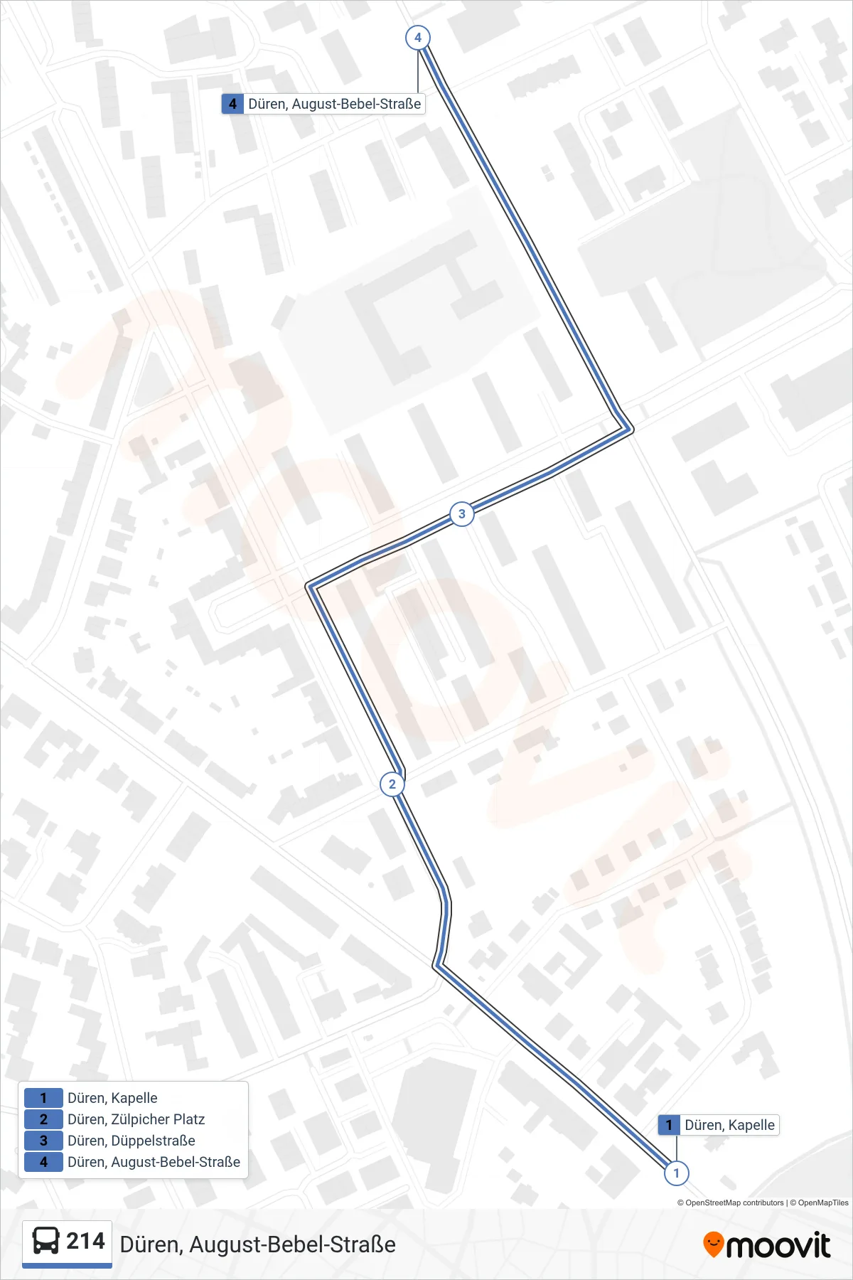 Linie 214 (Bus) Richtung Düren, August-Bebel-Straße: Route und Haltestellen auf der Karte