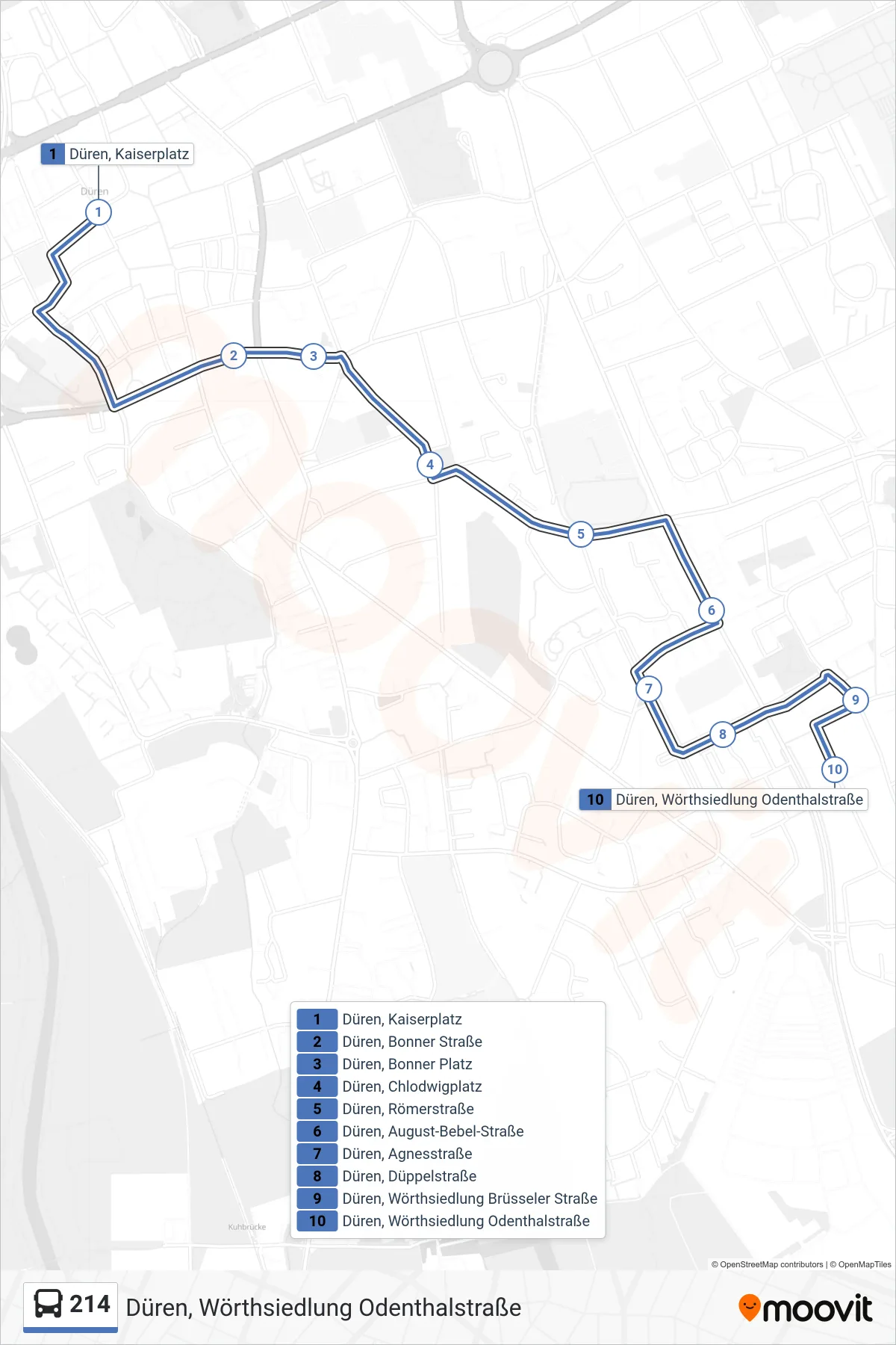 Linie 214 (Bus) Richtung Düren, Wörthsiedlung Odenthalstraße: Route und Haltestellen auf der Karte