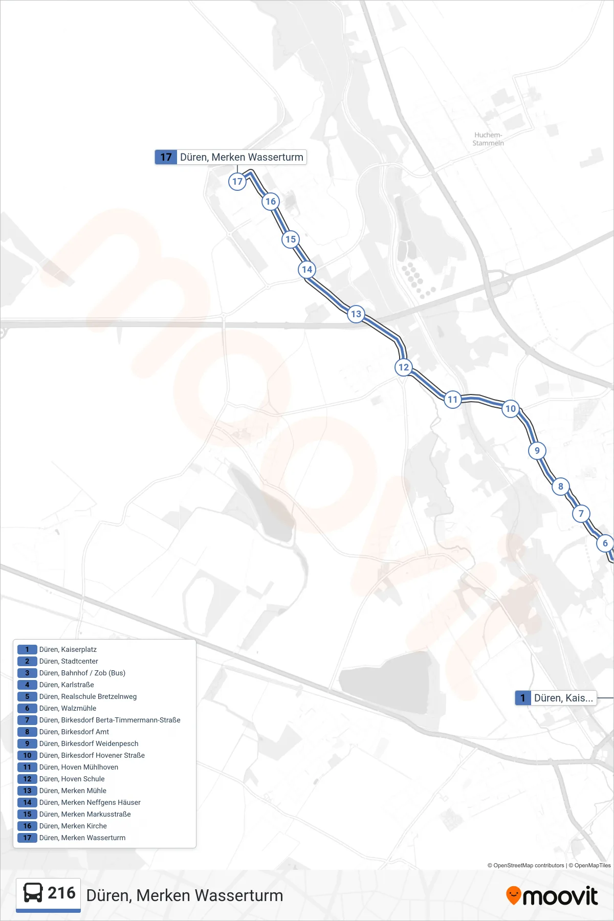 Linie 216 (Bus) Richtung Düren, Merken Wasserturm: Route und Haltestellen auf der Karte