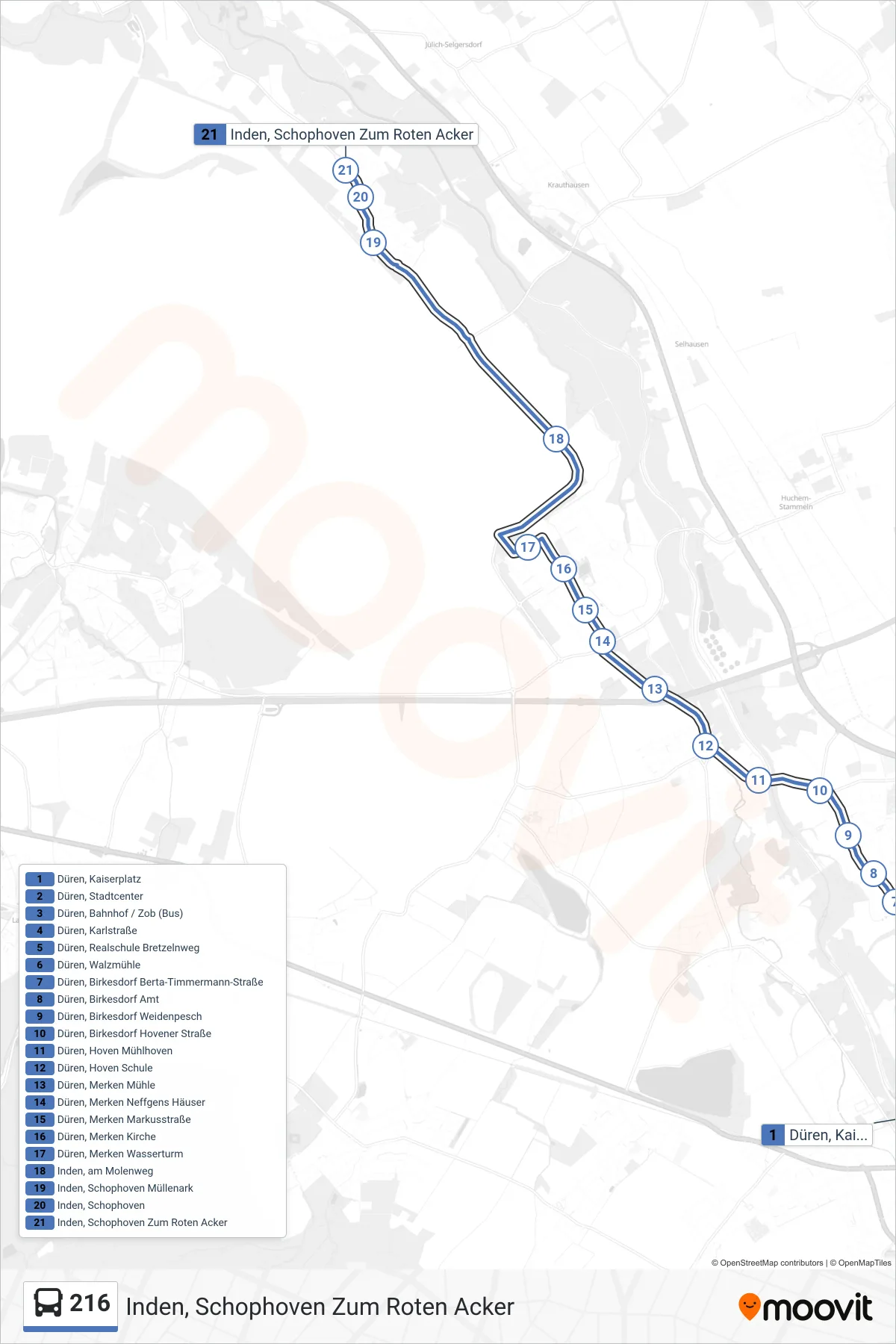 Linie 216 (Bus) Richtung Inden, Schophoven Zum Roten Acker: Route und Haltestellen auf der Karte