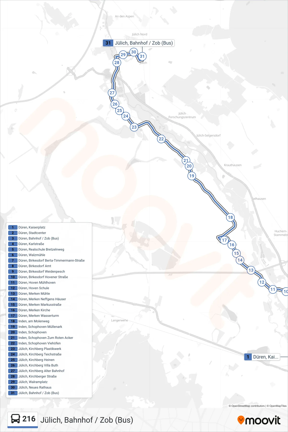 Linie 216 (Bus) Richtung Jülich, Bahnhof / Zob (Bus): Route und Haltestellen auf der Karte