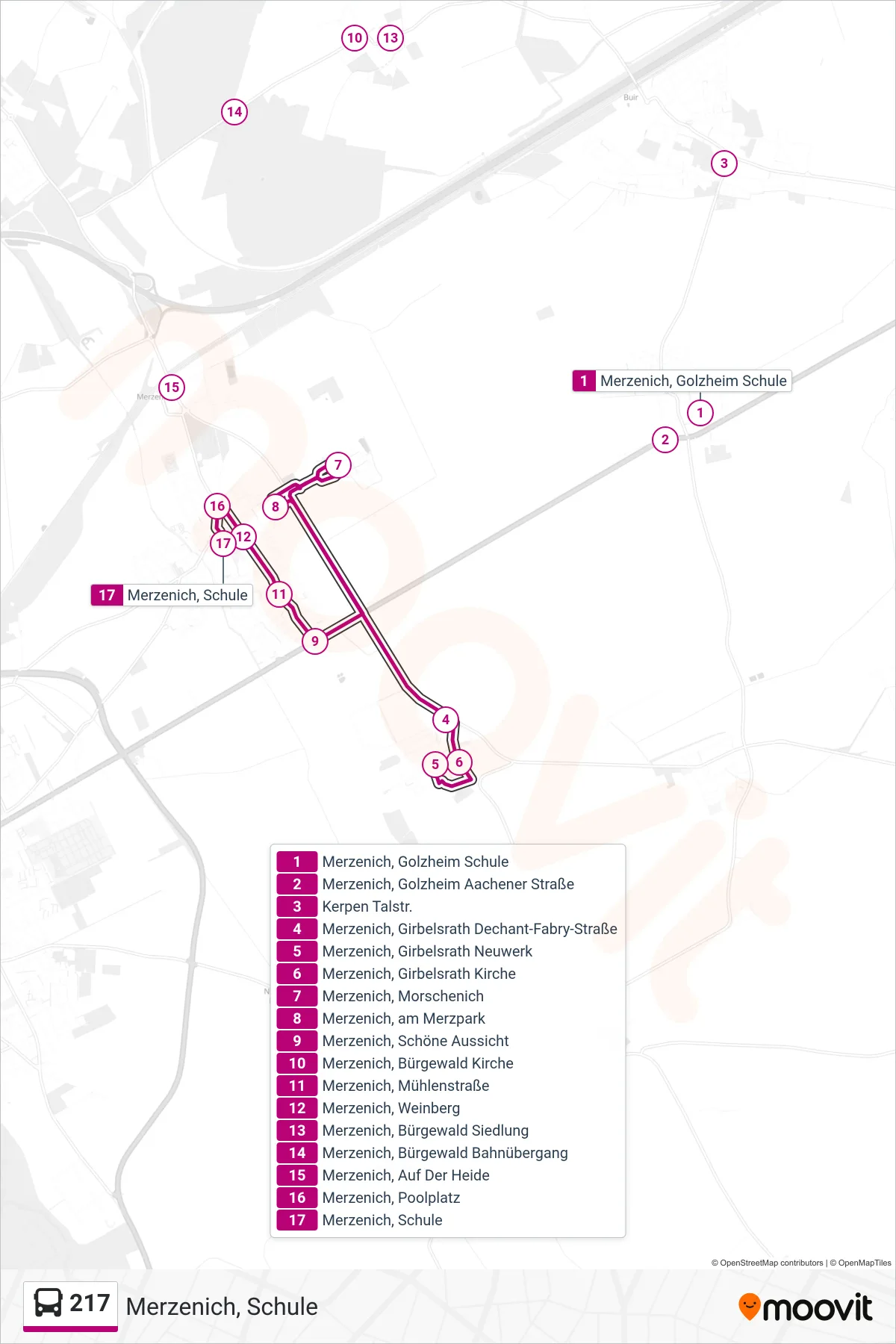 Linie 217 (Bus) Richtung Merzenich, Schule: Route und Haltestellen auf der Karte
