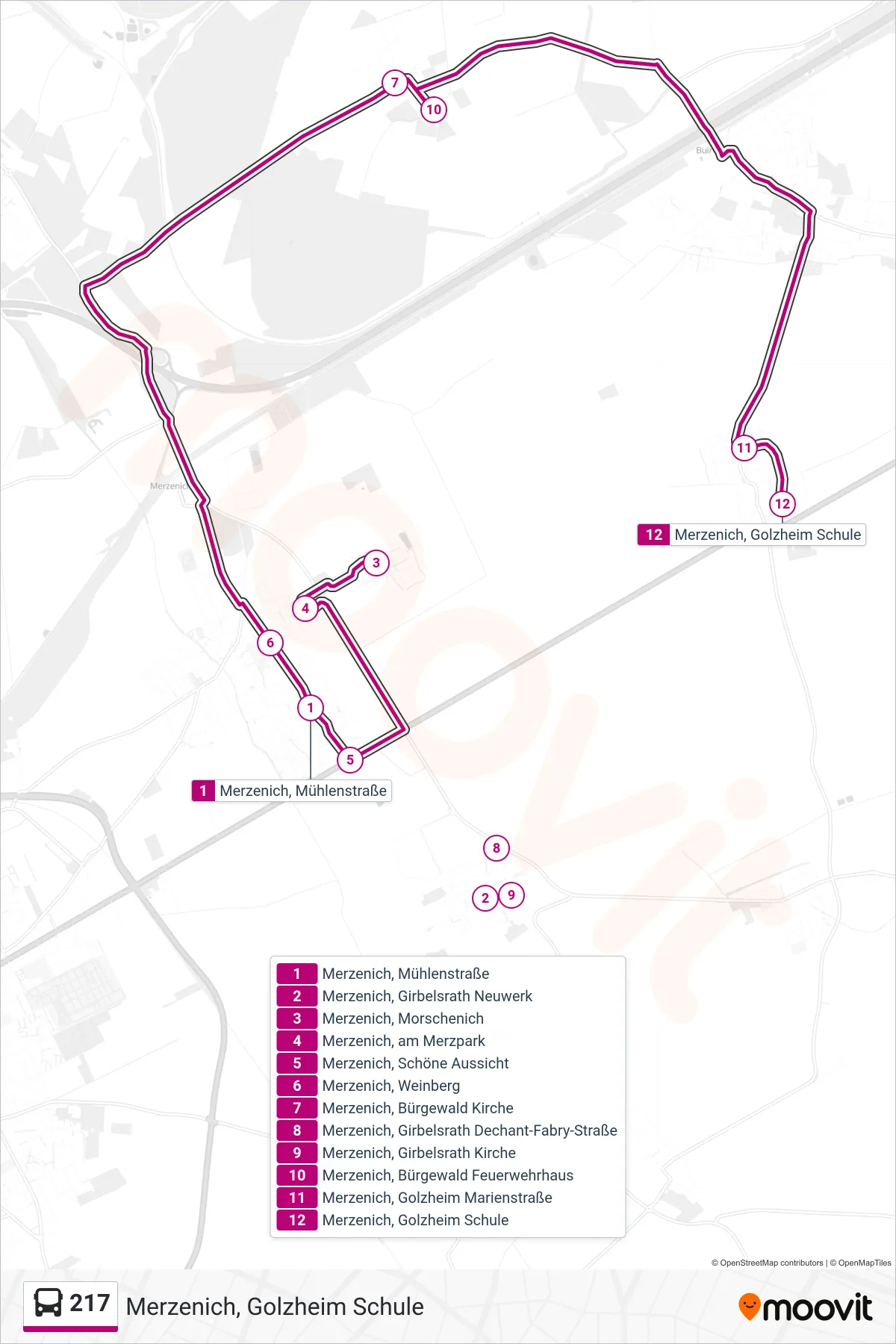 Linie 217 (Bus) Richtung Merzenich, Golzheim Schule: Route und Haltestellen auf der Karte