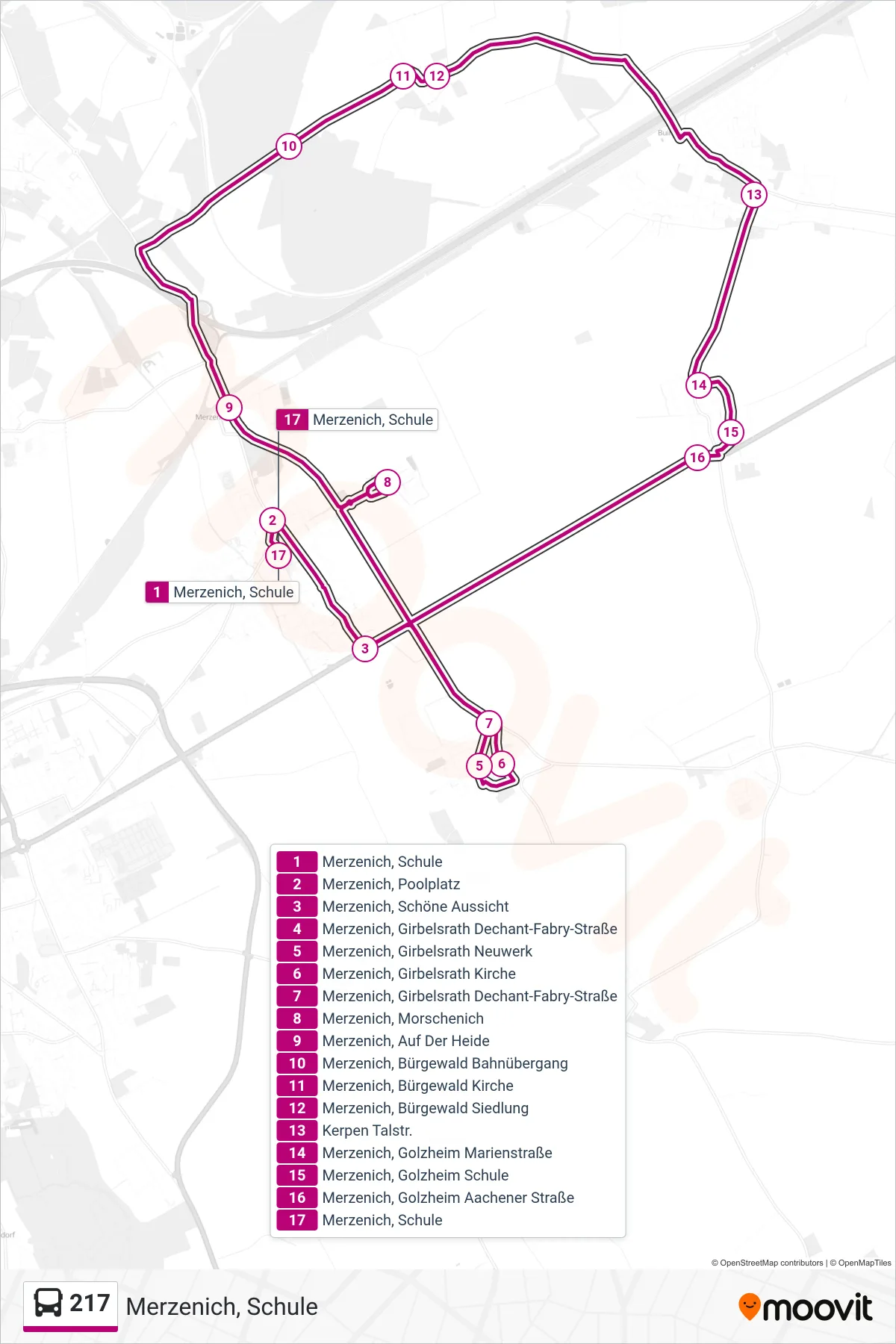 Linie 217 (Bus) Richtung Merzenich, Schule: Route und Haltestellen auf der Karte