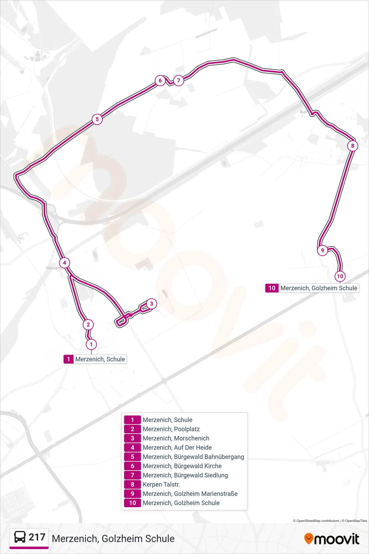 Linie 217 (Bus) Richtung Merzenich, Golzheim Schule: Route und Haltestellen auf der Karte
