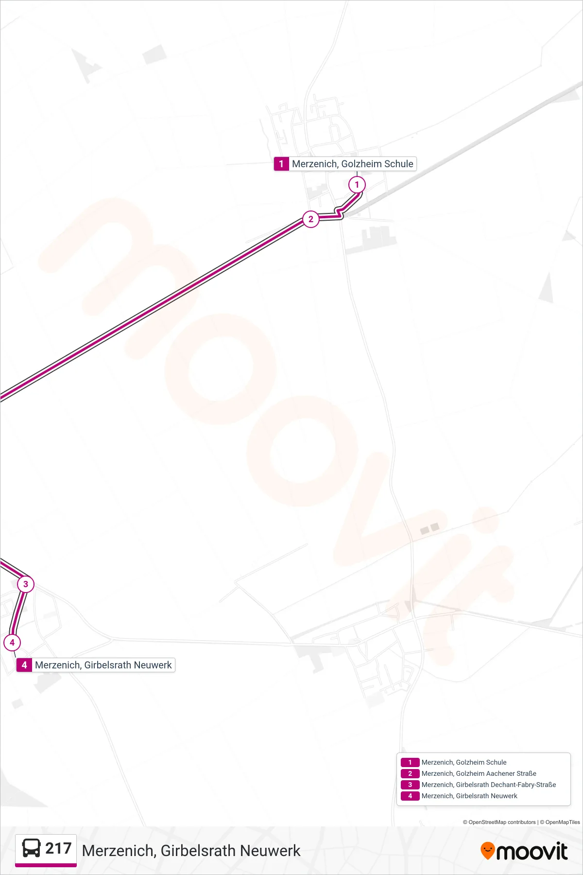 Linie 217 (Bus) Richtung Merzenich, Girbelsrath Neuwerk: Route und Haltestellen auf der Karte