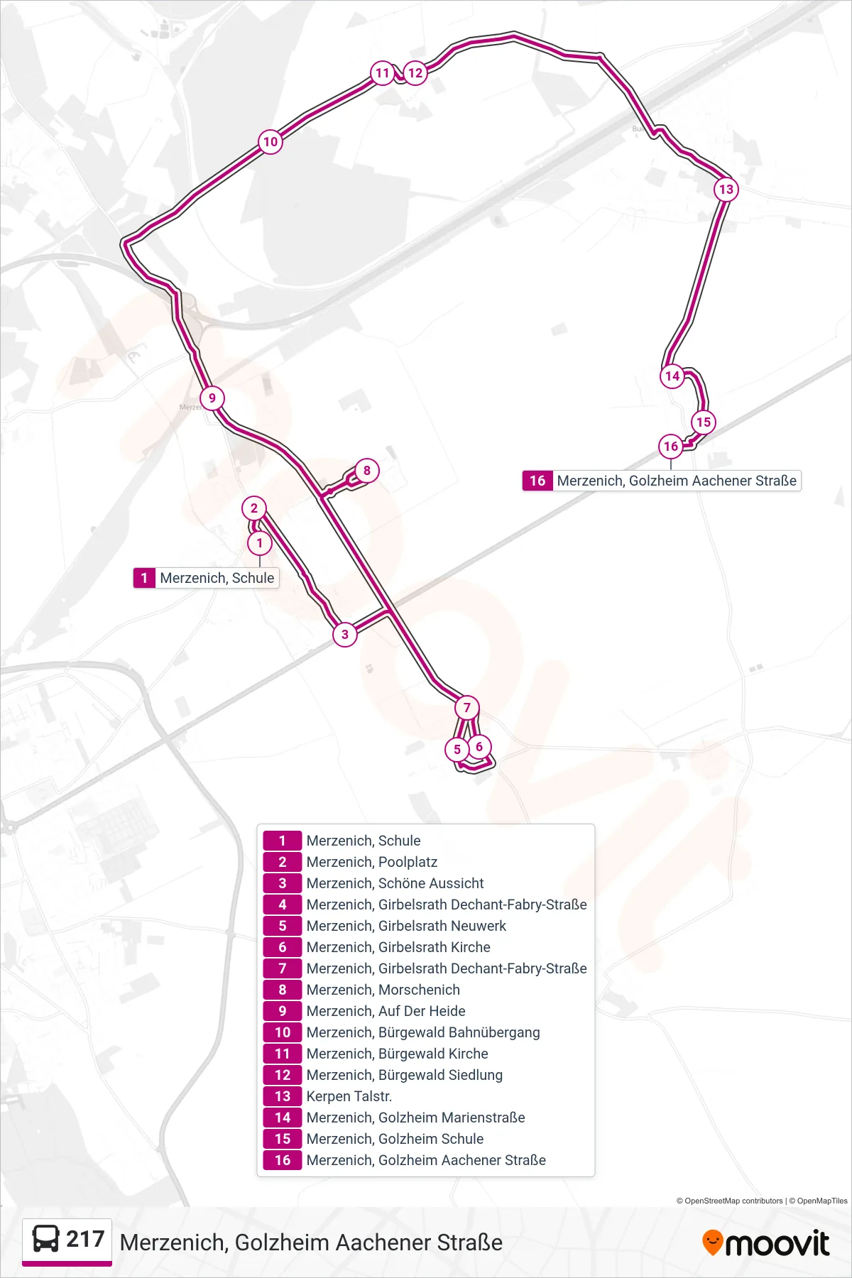 217 bus Line (Merzenich, Golzheim Aachener Straße) route and stops on a map