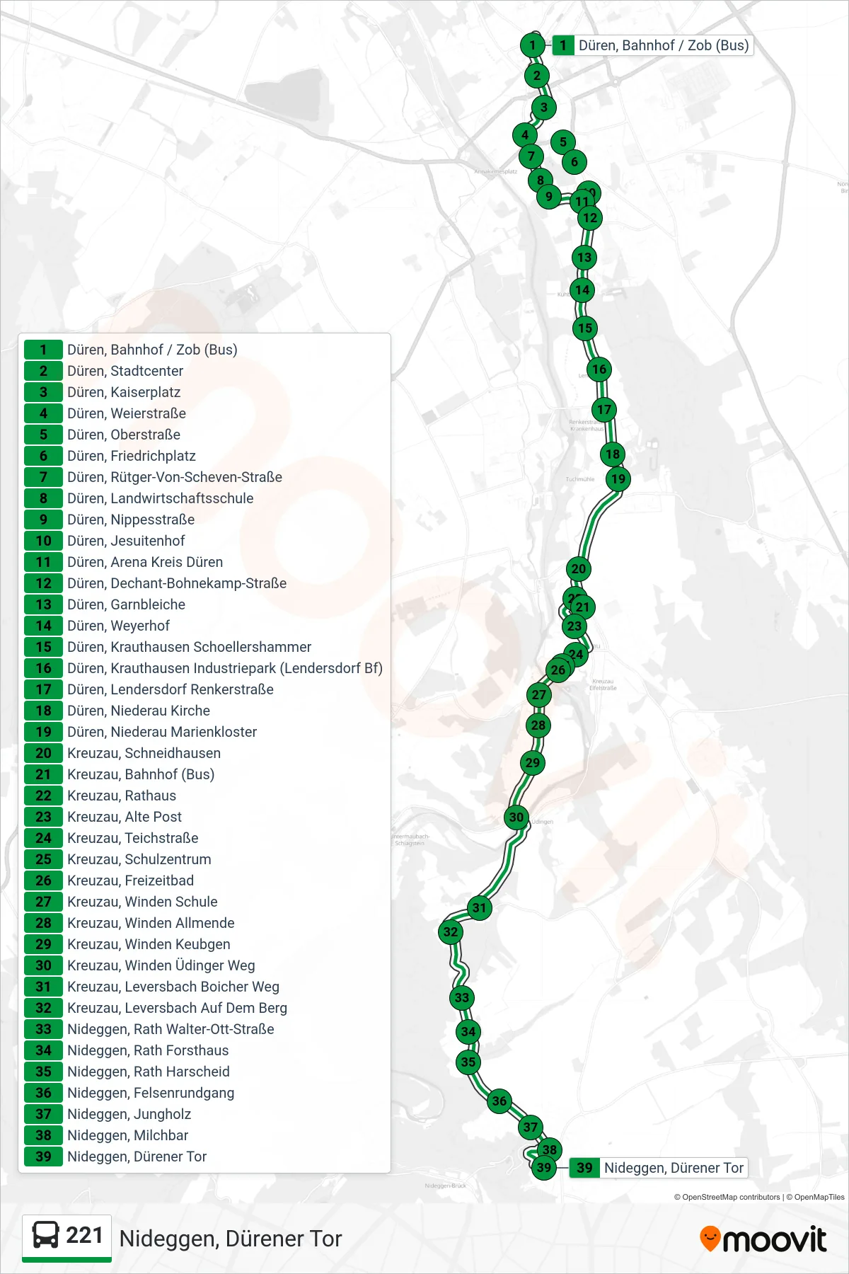 Linie 221 (Bus) Richtung Nideggen, Dürener Tor: Route und Haltestellen auf der Karte