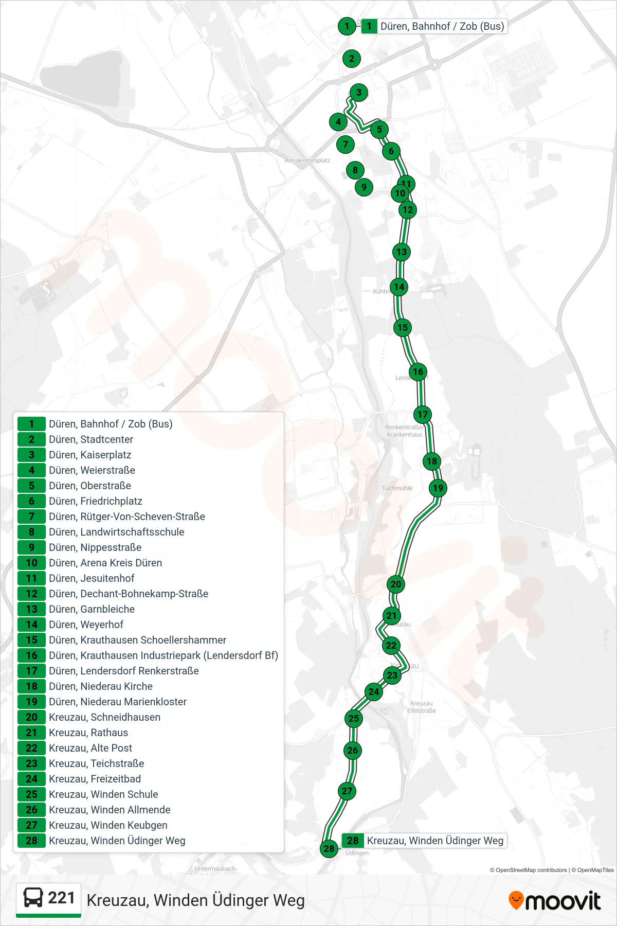 221 bus Line (Kreuzau, Winden Üdinger Weg) route and stops on a map