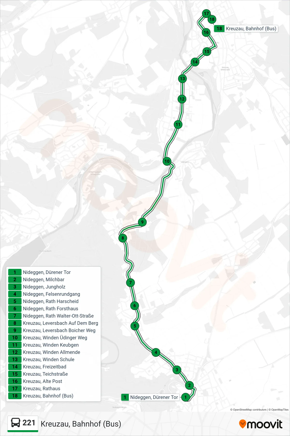 221 bus Line (Kreuzau, Bahnhof (Bus)) route and stops on a map