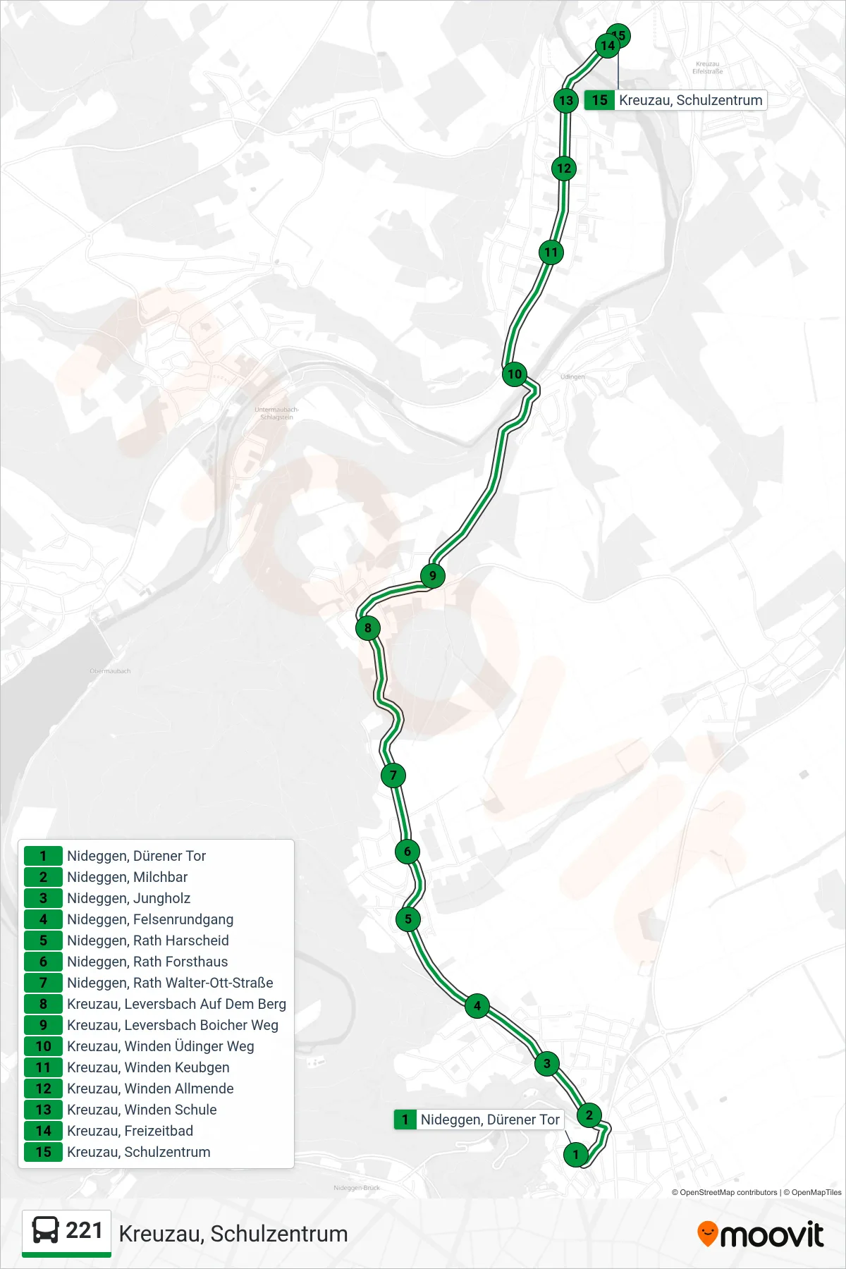 221 bus Line (Kreuzau, Schulzentrum) route and stops on a map