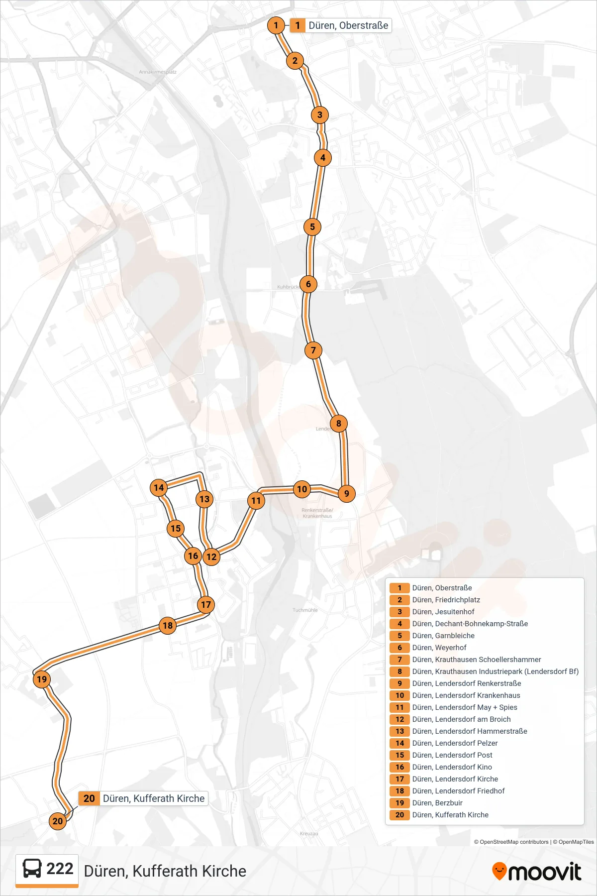 Linie 222 (Bus) Richtung Düren, Kufferath Kirche: Route und Haltestellen auf der Karte