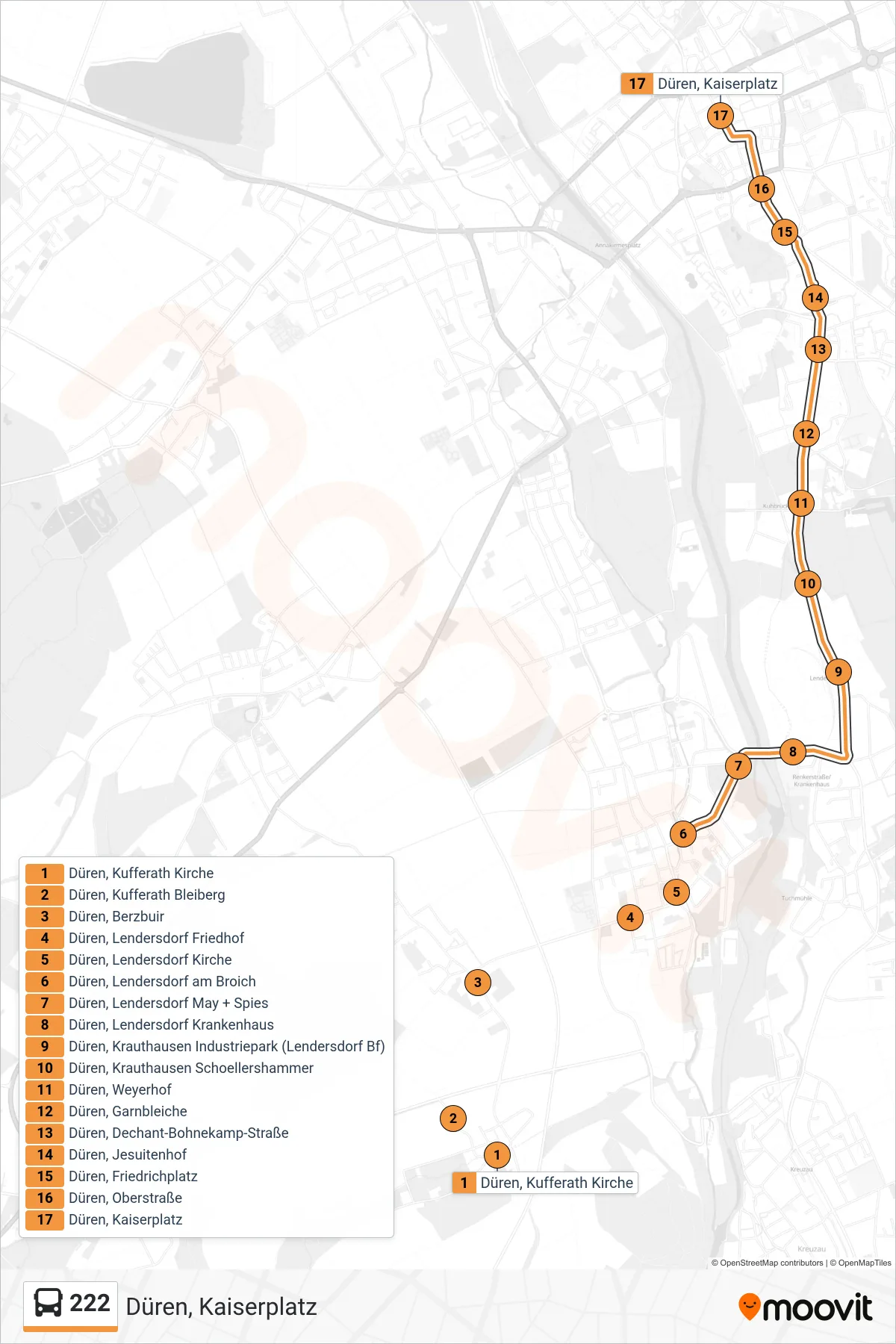 Linie 222 (Bus) Richtung Düren, Kaiserplatz: Route und Haltestellen auf der Karte