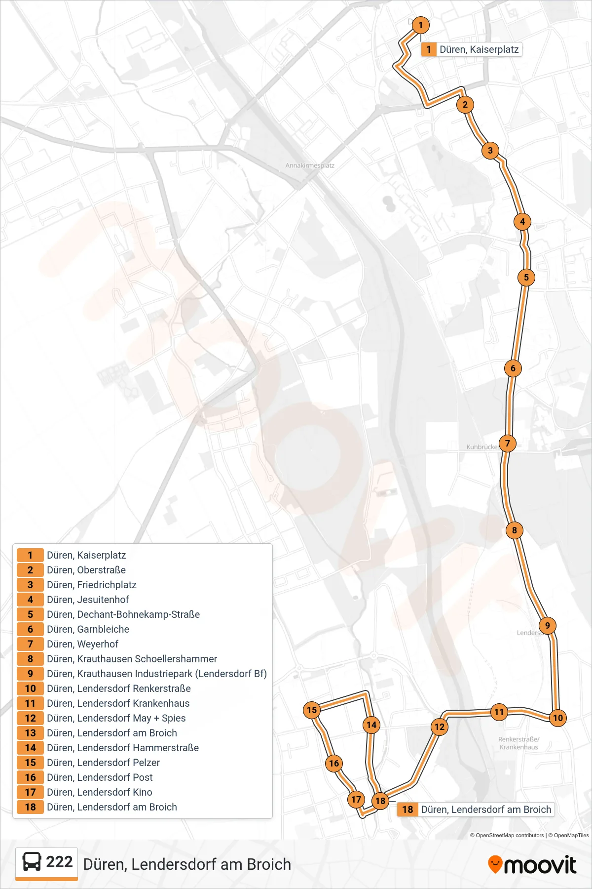 222 bus Line (Düren, Lendersdorf am Broich) route and stops on a map
