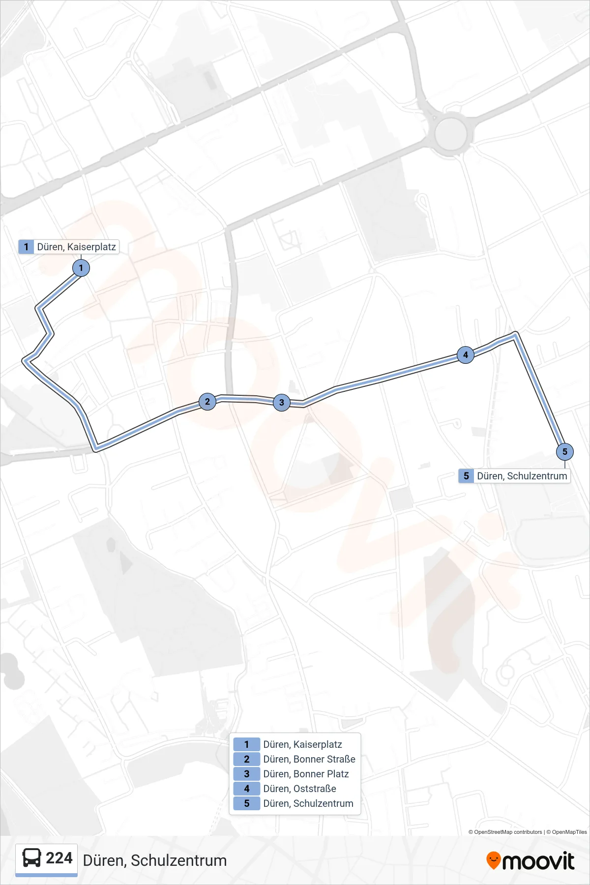 224 bus Line (Düren, Schulzentrum) route and stops on a map