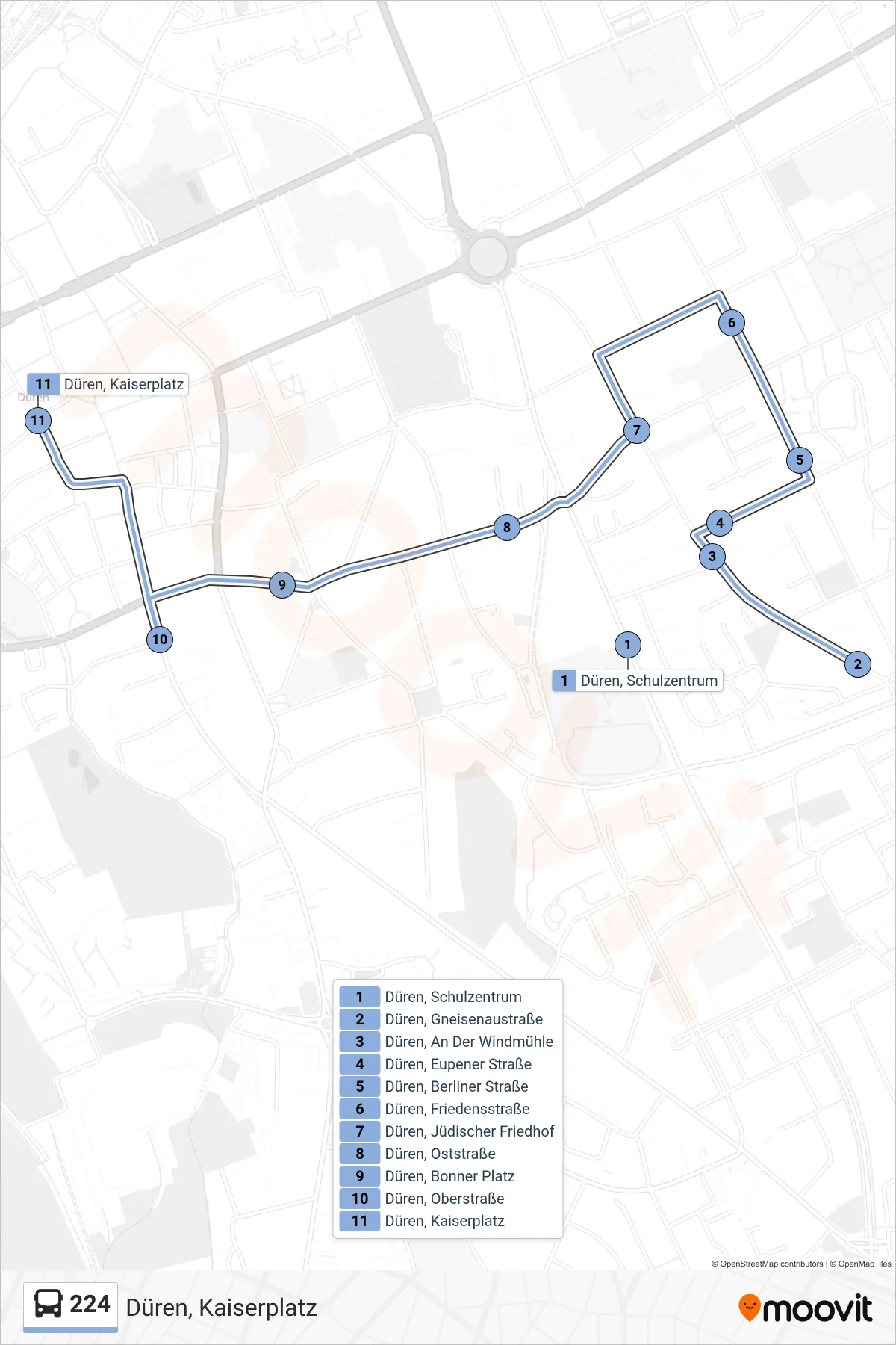 Linie 224 (Bus) Richtung Düren, Kaiserplatz: Route und Haltestellen auf der Karte