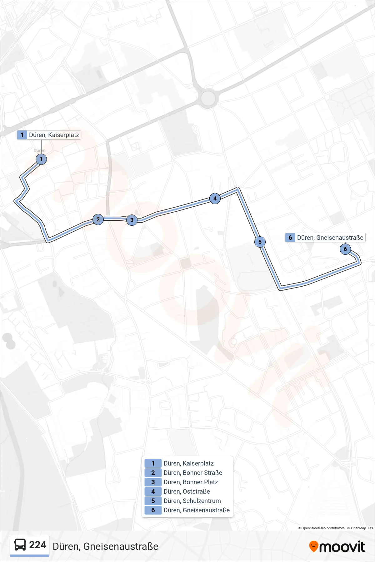 Linie 224 (Bus) Richtung Düren, Gneisenaustraße: Route und Haltestellen auf der Karte