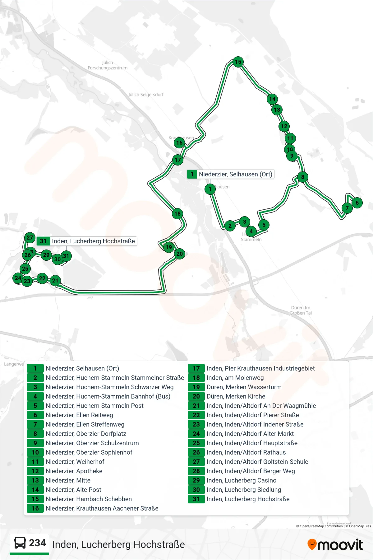 Linie 234 (Bus) Richtung Inden, Lucherberg Hochstraße: Route und Haltestellen auf der Karte