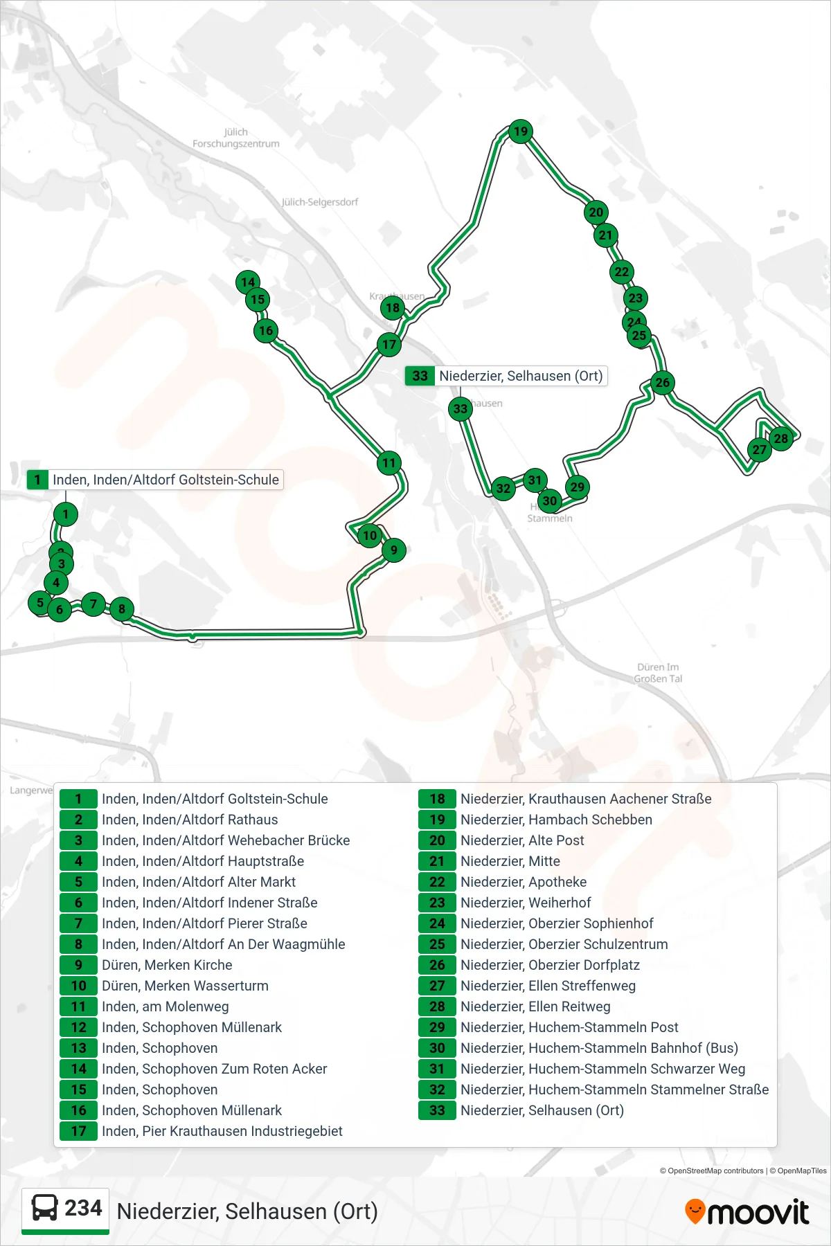 Linie 234 (Bus) Richtung Niederzier, Selhausen (Ort): Route und Haltestellen auf der Karte
