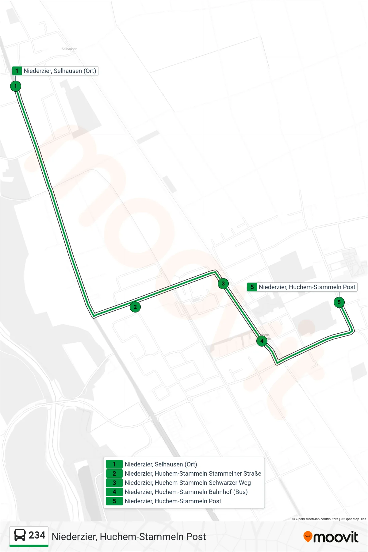 Linie 234 (Bus) Richtung Niederzier, Huchem-Stammeln Post: Route und Haltestellen auf der Karte