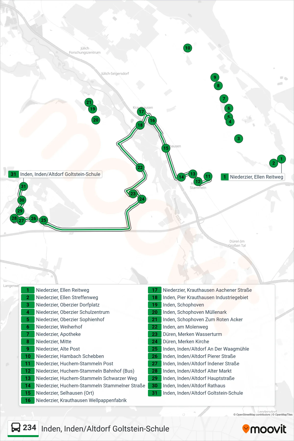 Linie 234 (Bus) Richtung Inden, Inden/Altdorf Goltstein-Schule: Route und Haltestellen auf der Karte