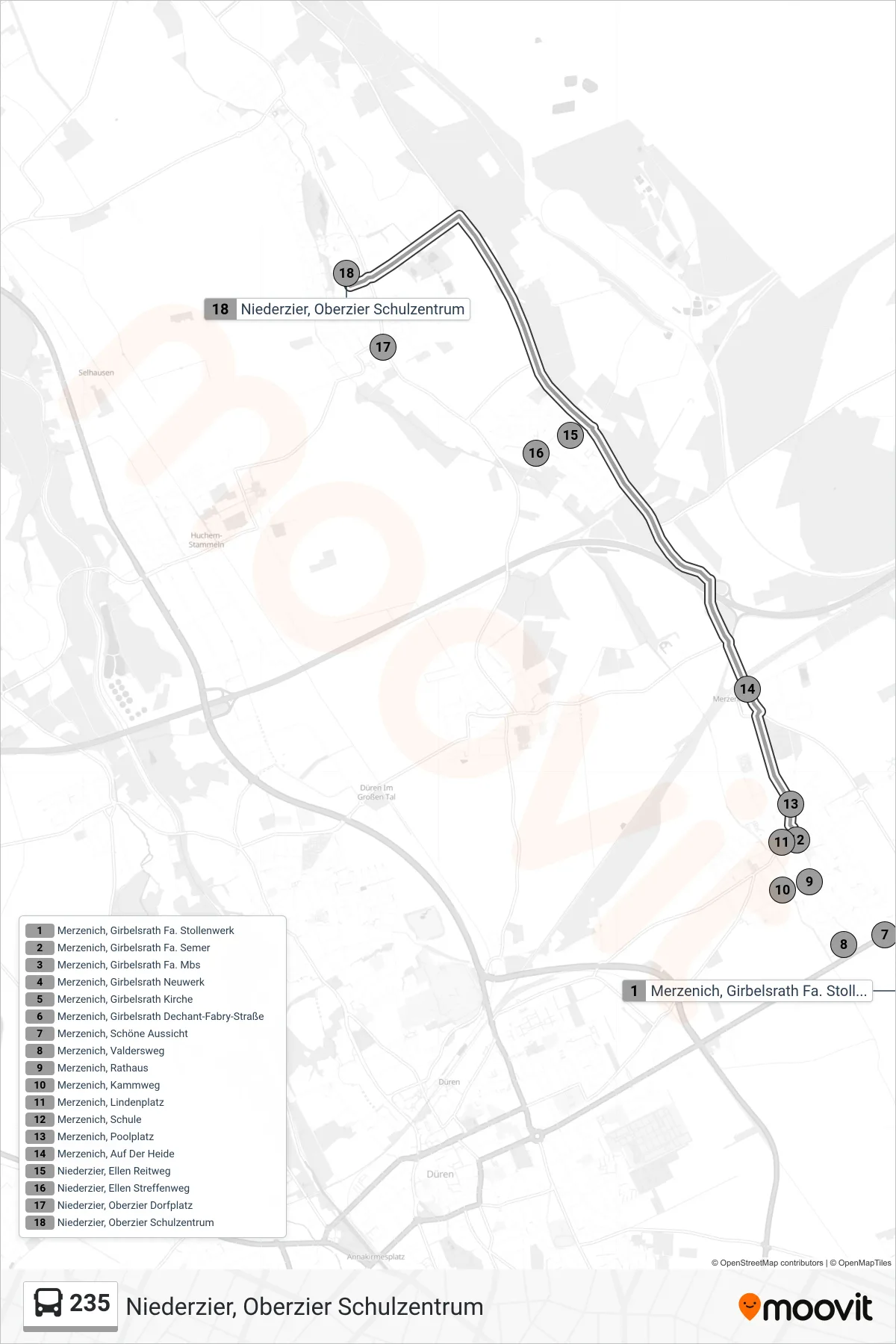 Linie 235 (Bus) Richtung Niederzier, Oberzier Schulzentrum: Route und Haltestellen auf der Karte
