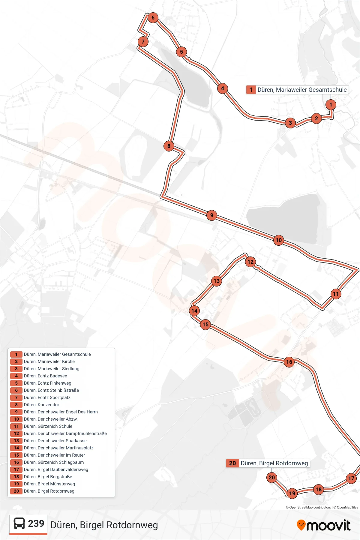 239 bus Line (Düren, Birgel Rotdornweg) route and stops on a map