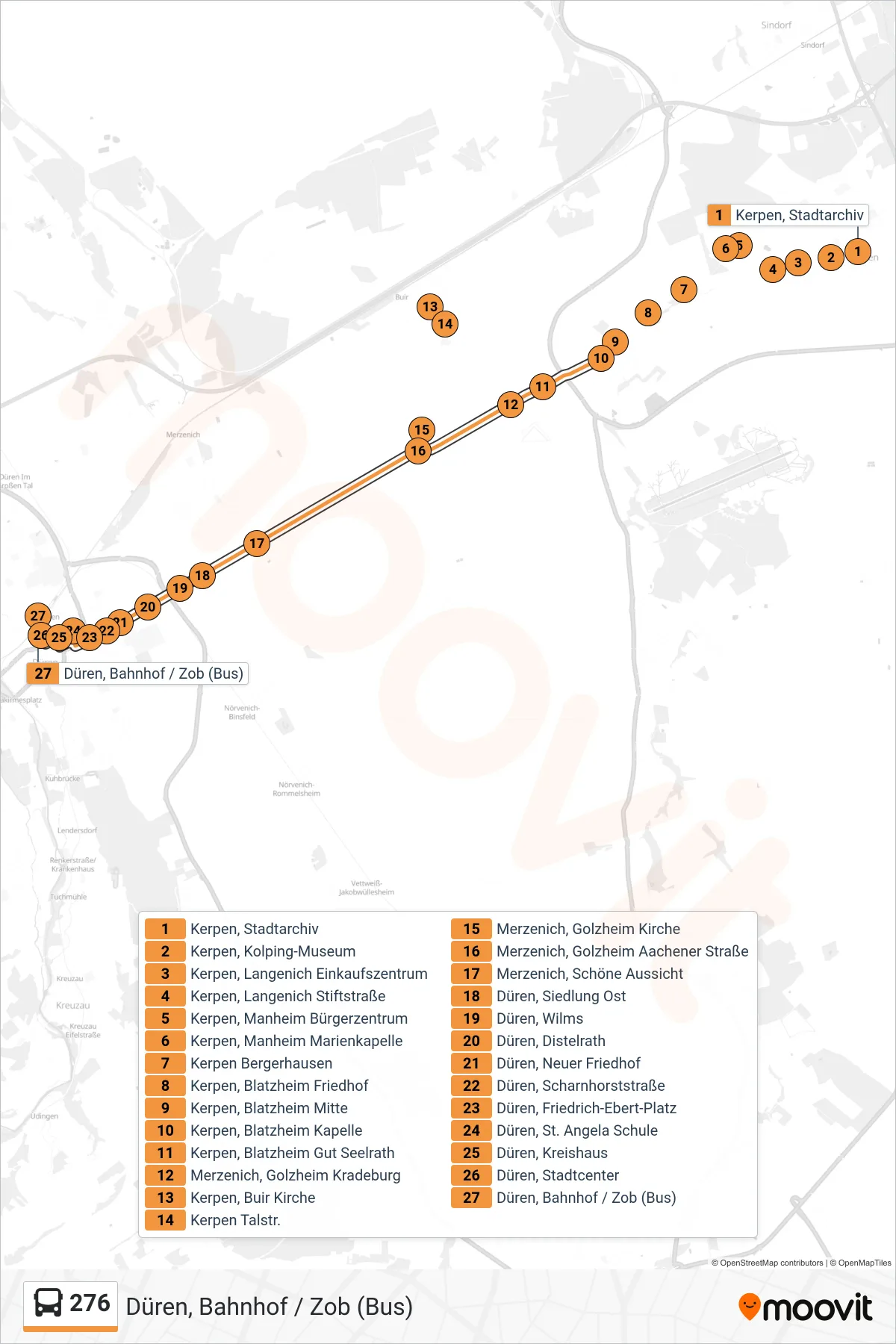 Linie 276 (Bus) Richtung Düren, Bahnhof / Zob (Bus): Route und Haltestellen auf der Karte