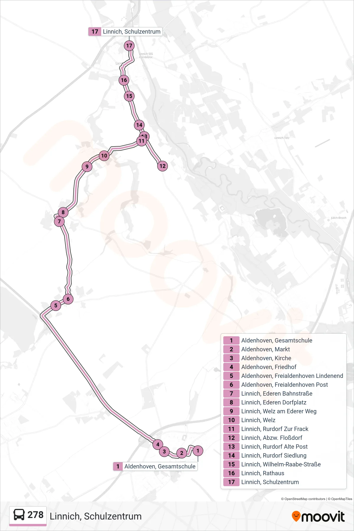 Linie 278 (Bus) Richtung Linnich, Schulzentrum: Route und Haltestellen auf der Karte